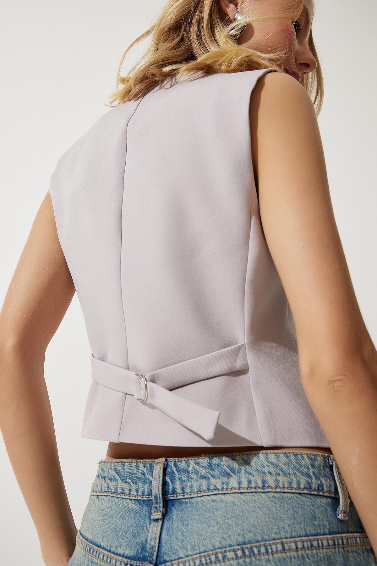 Grey Body-Fitting Short Woven Vest, , large image number 1