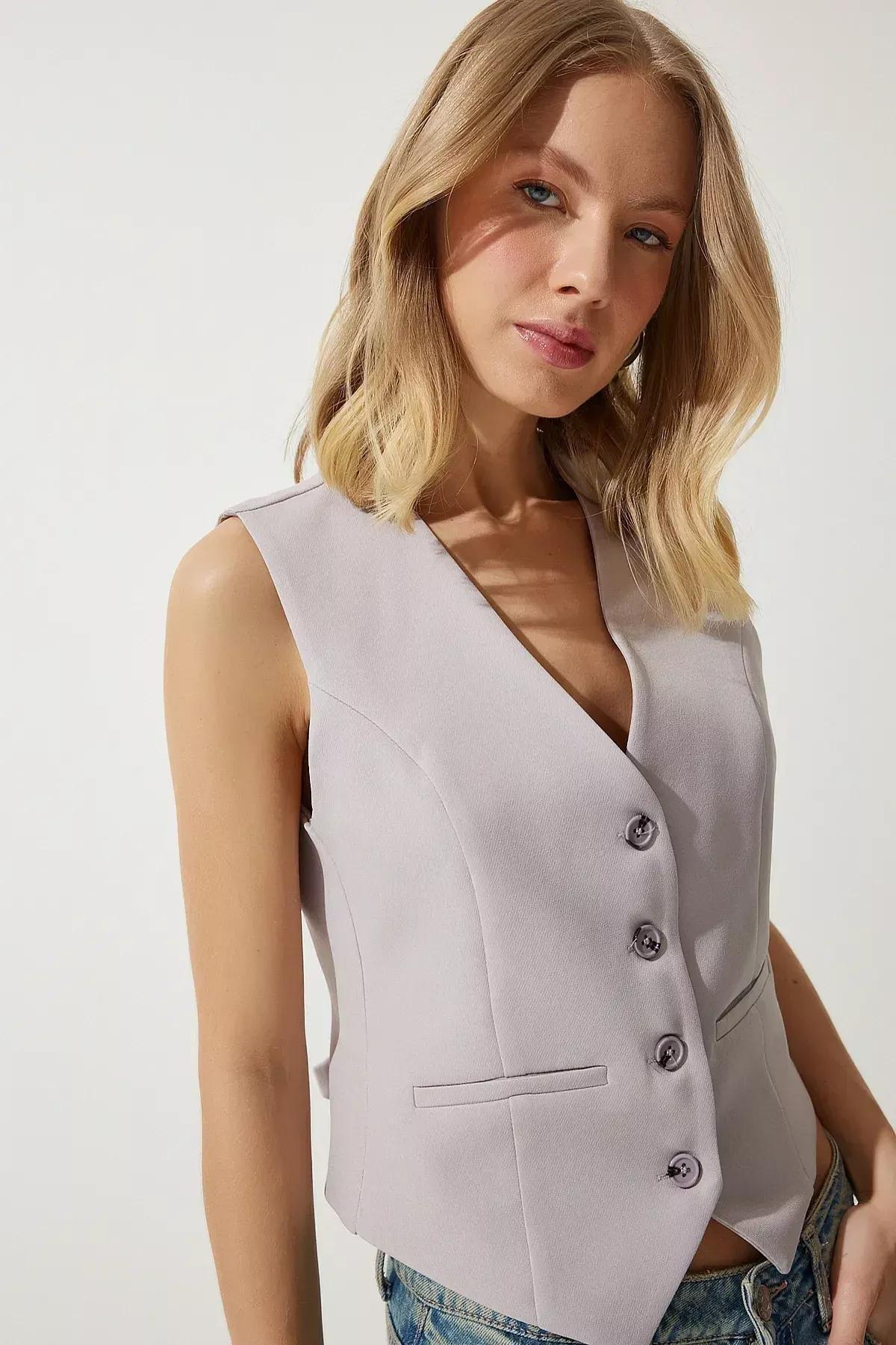 Grey Body-Fitting Short Woven Vest, C101_5662, large image number 4