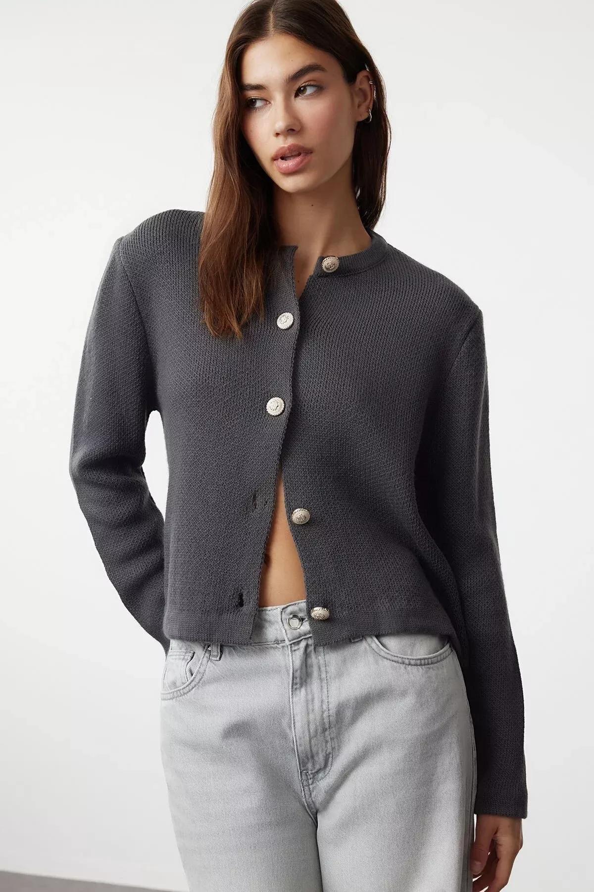 Grey Detailed Knitted Cardigan, , large image number 0