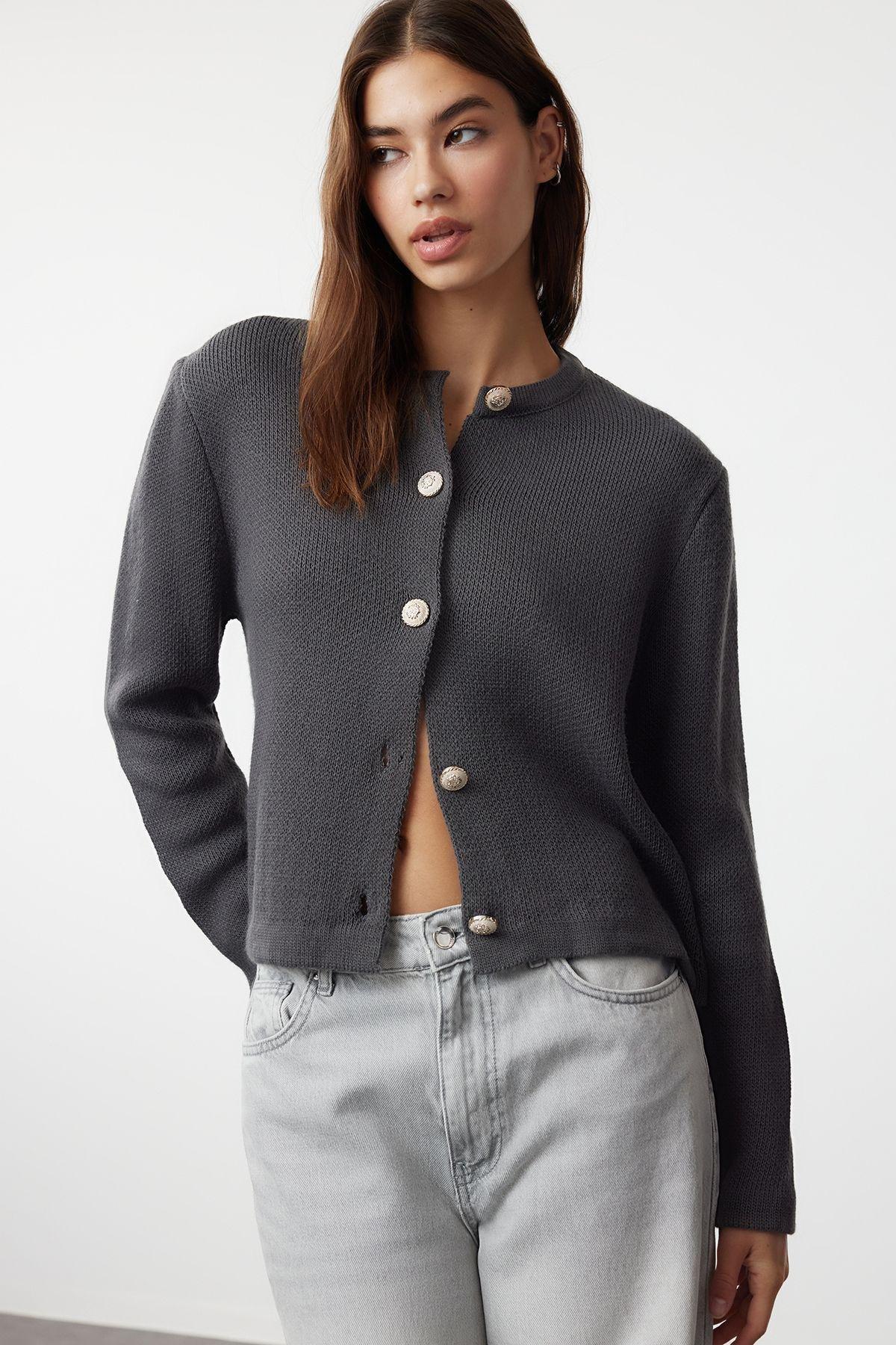 Grey Detailed Knitted Cardigan, , large image number 0
