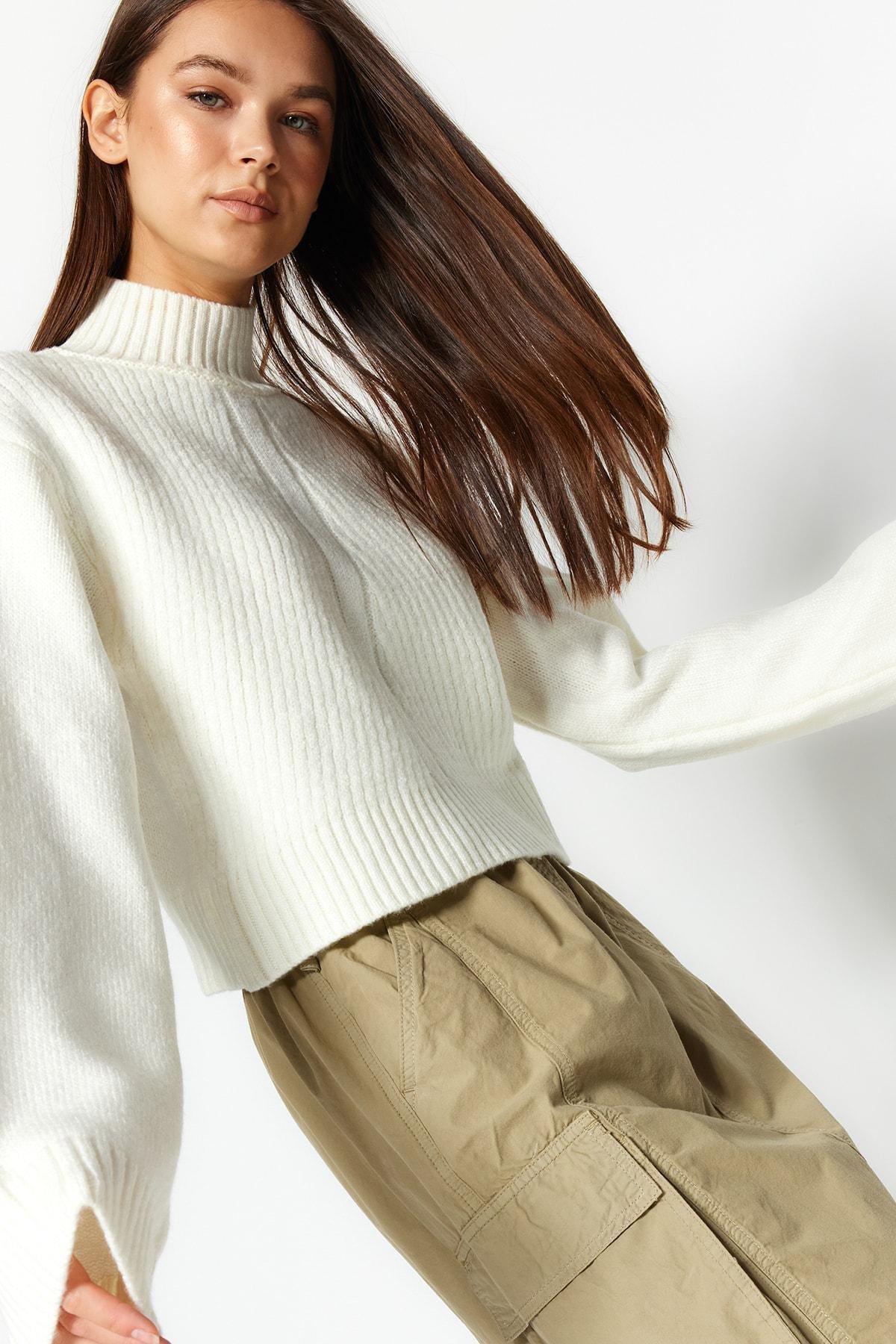 Cream Standing Collared Sweater, , large image number 0