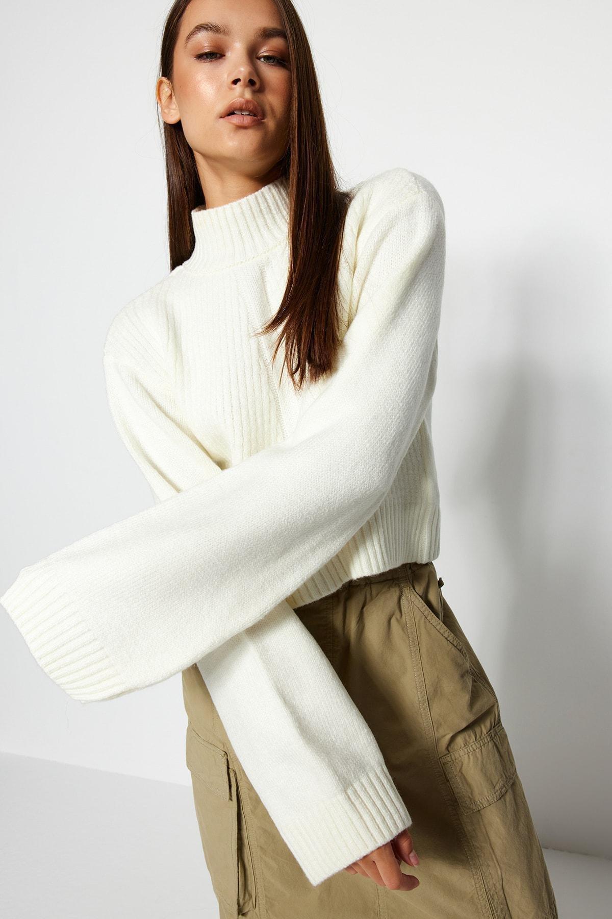 Cream Standing Collared Sweater, , large image number 2