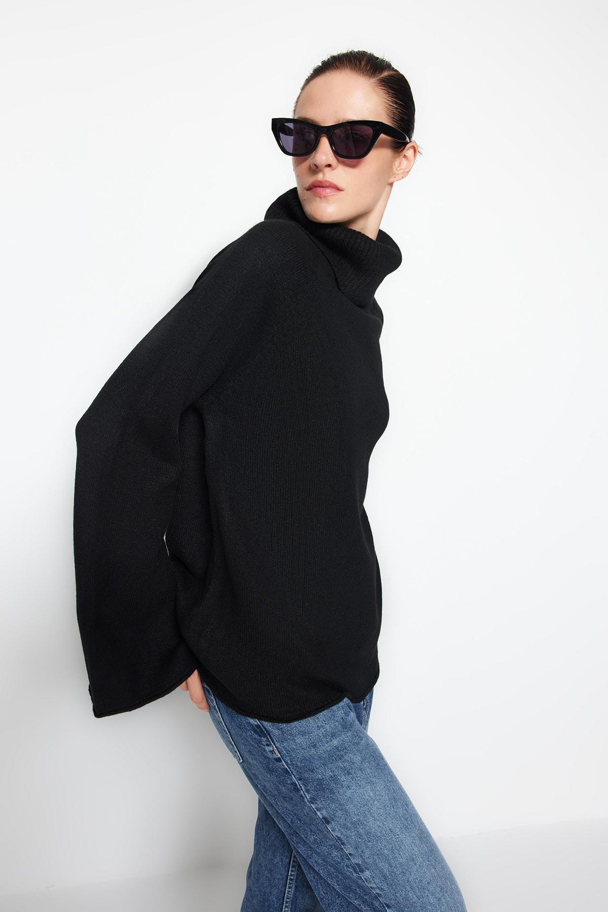 Black Turtleneck Oversize Sweater, , large image number 1