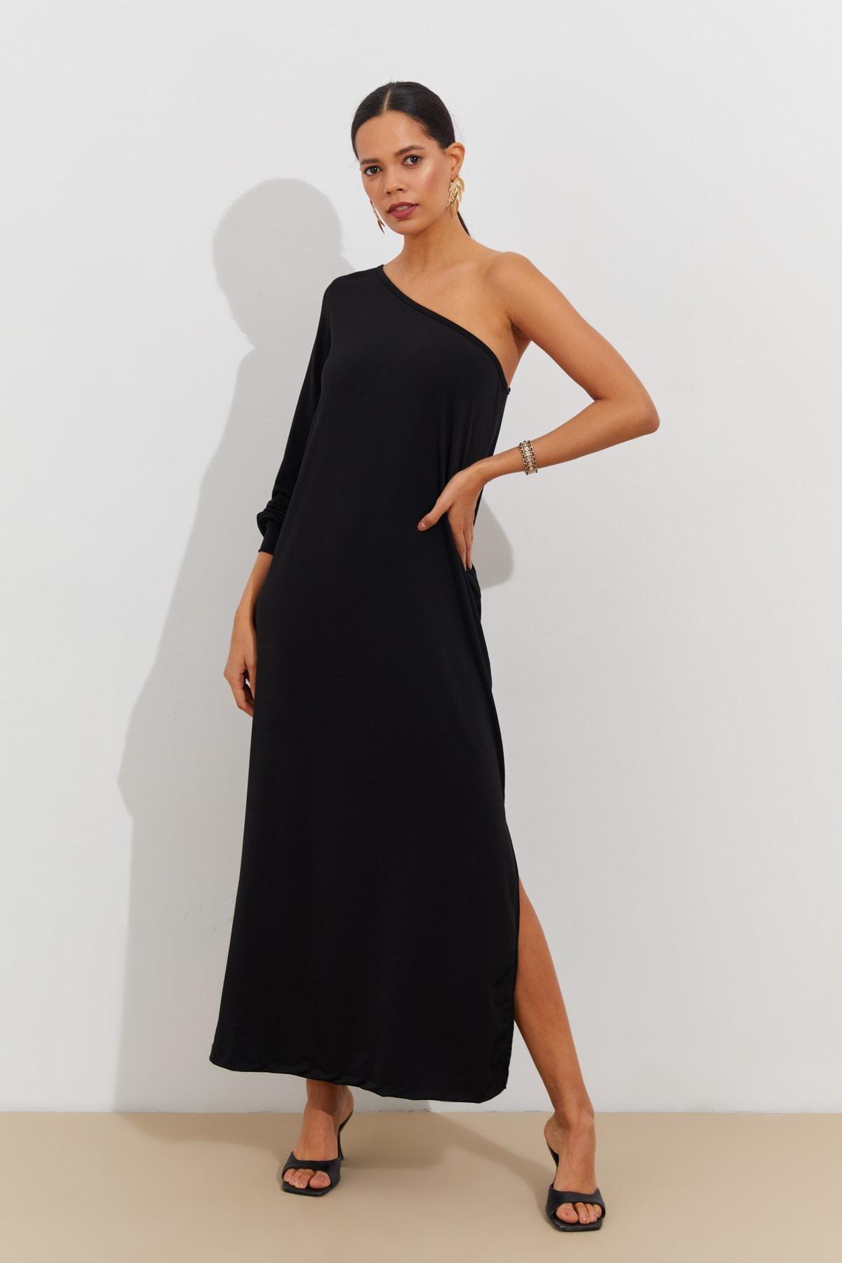 Black One Shoulder Shift Dress, , large image number 0