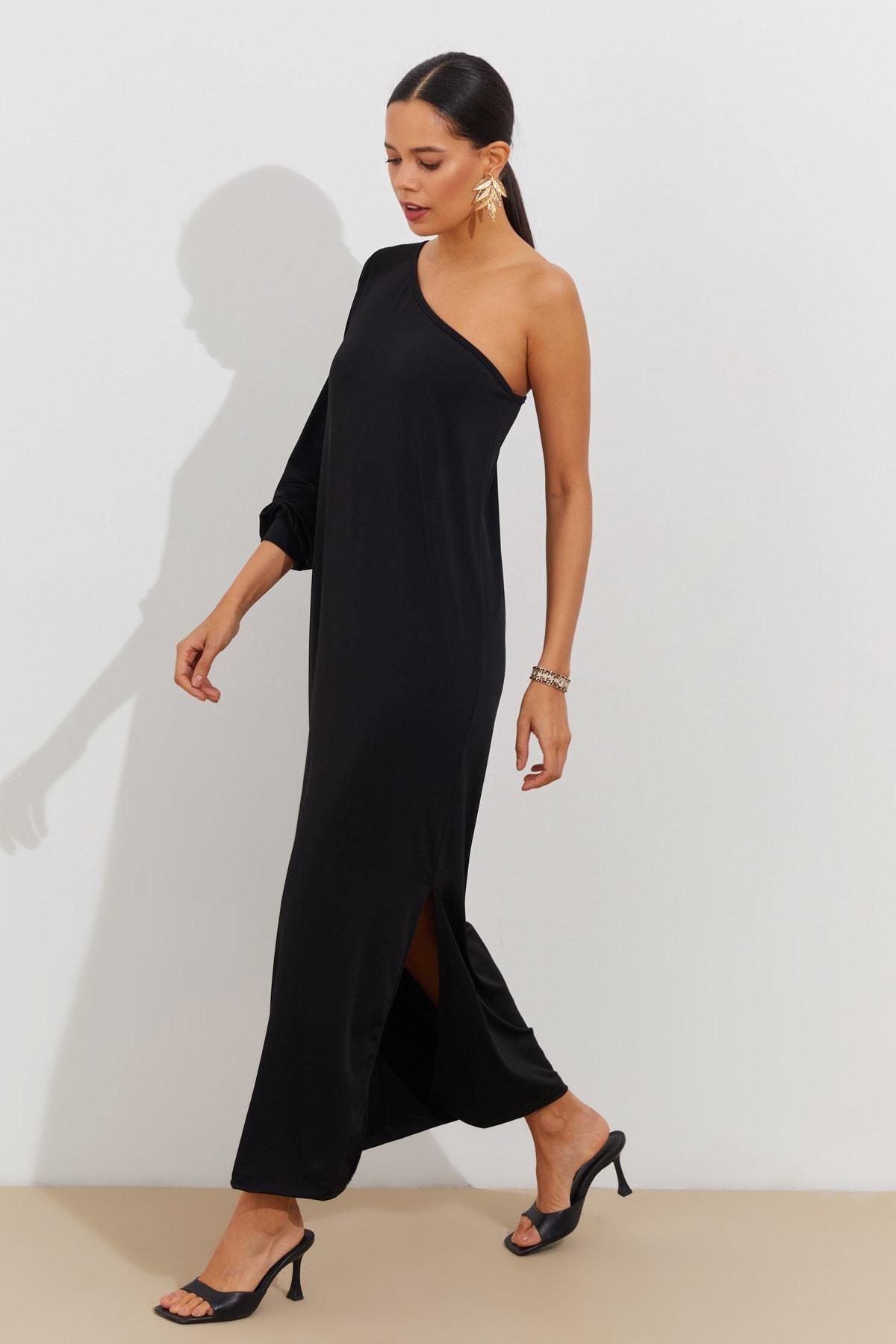 Black One Shoulder Shift Dress, , large image number 1
