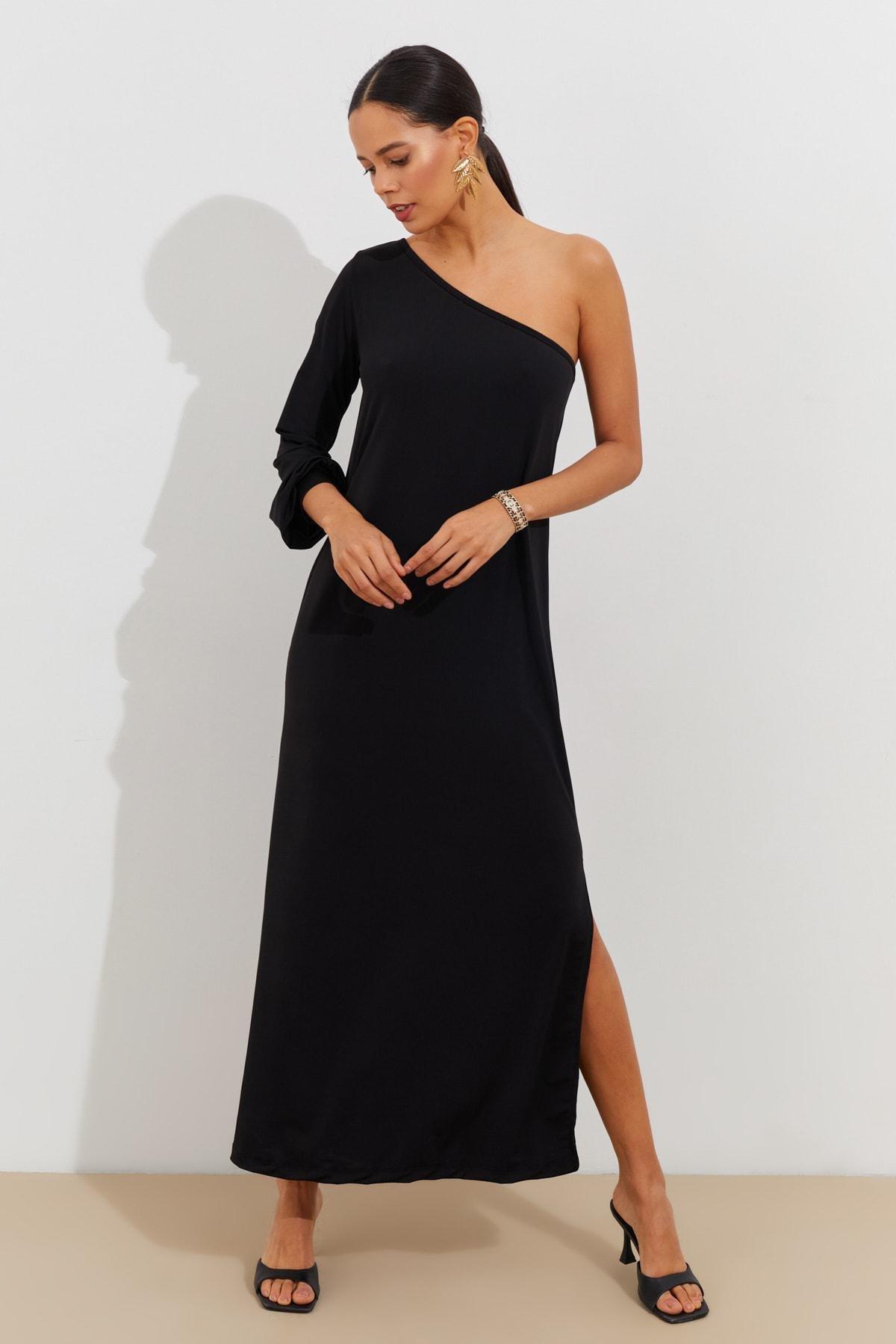 Black One Shoulder Shift Dress, , large image number 3