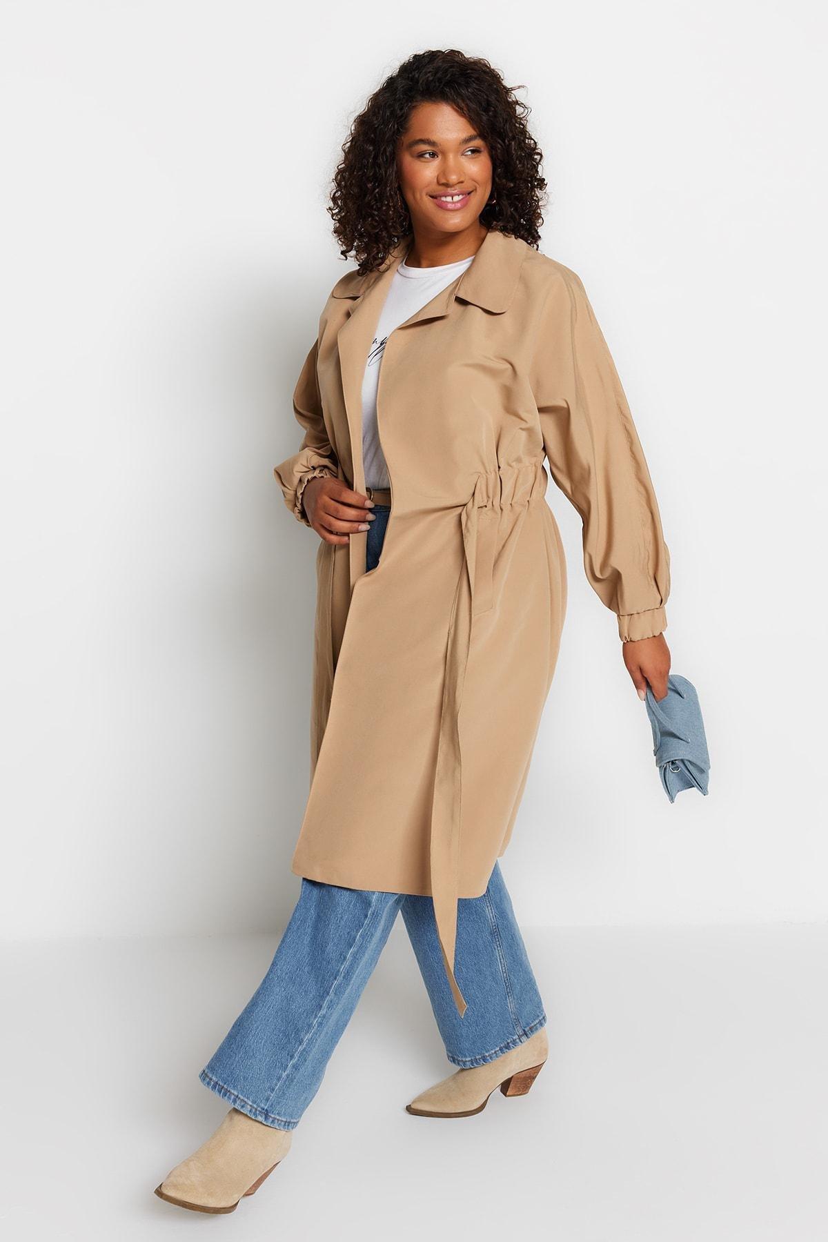 Beige Basic Plus Size Trench Coat, , large image number 0