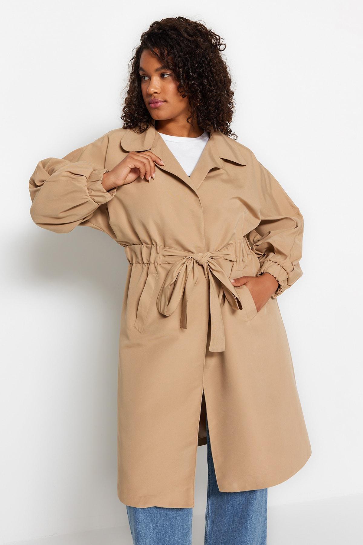 Beige Basic Plus Size Trench Coat, , large image number 1