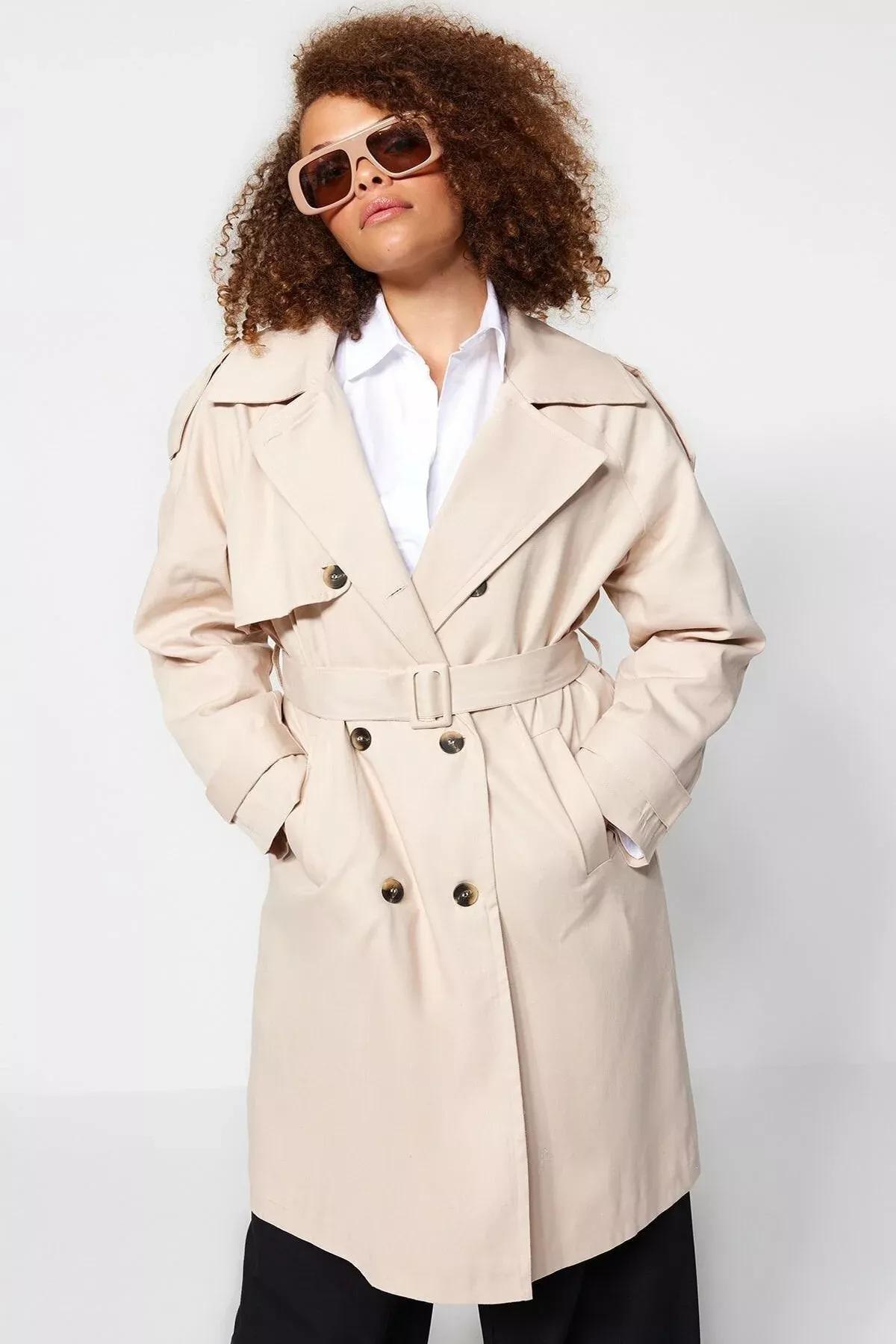Beige Basic Plus Size Trench Coat, Beige, large image number 0