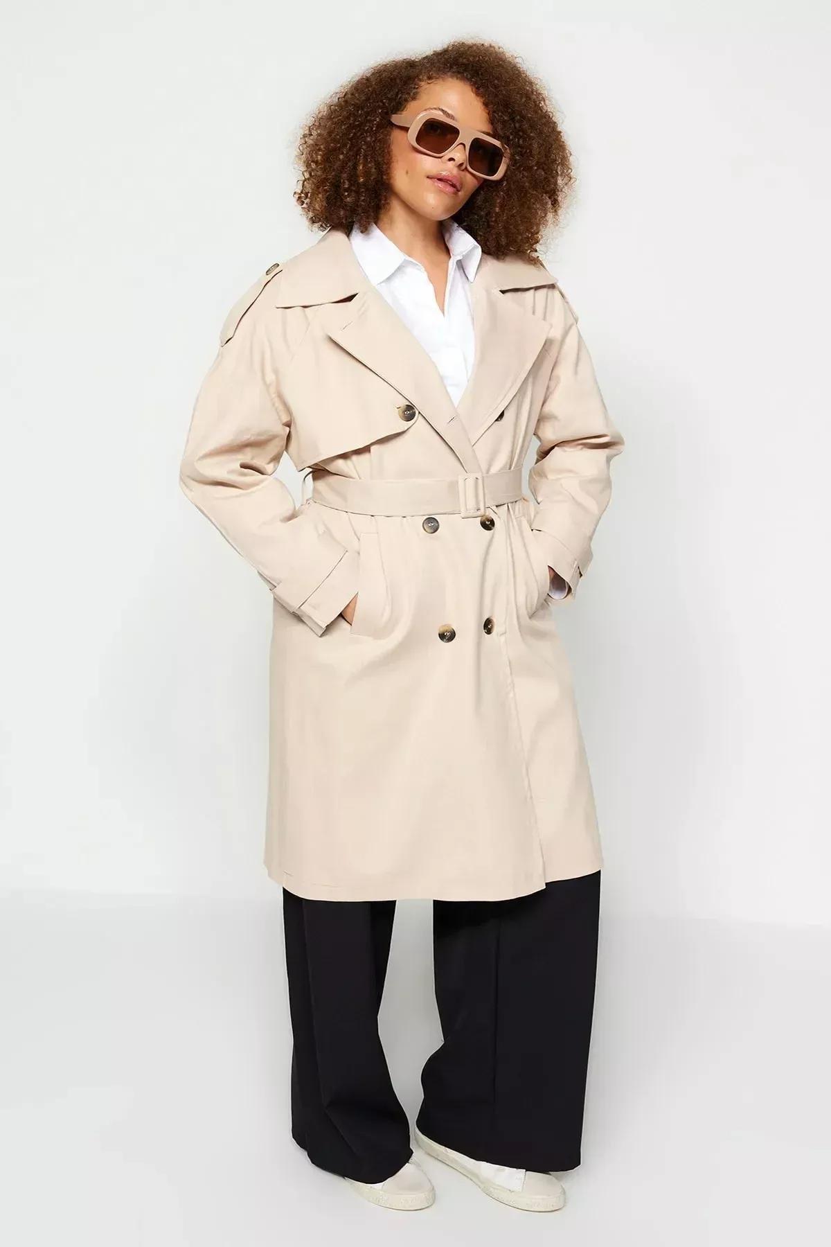Beige Basic Plus Size Trench Coat, Beige, large image number 1