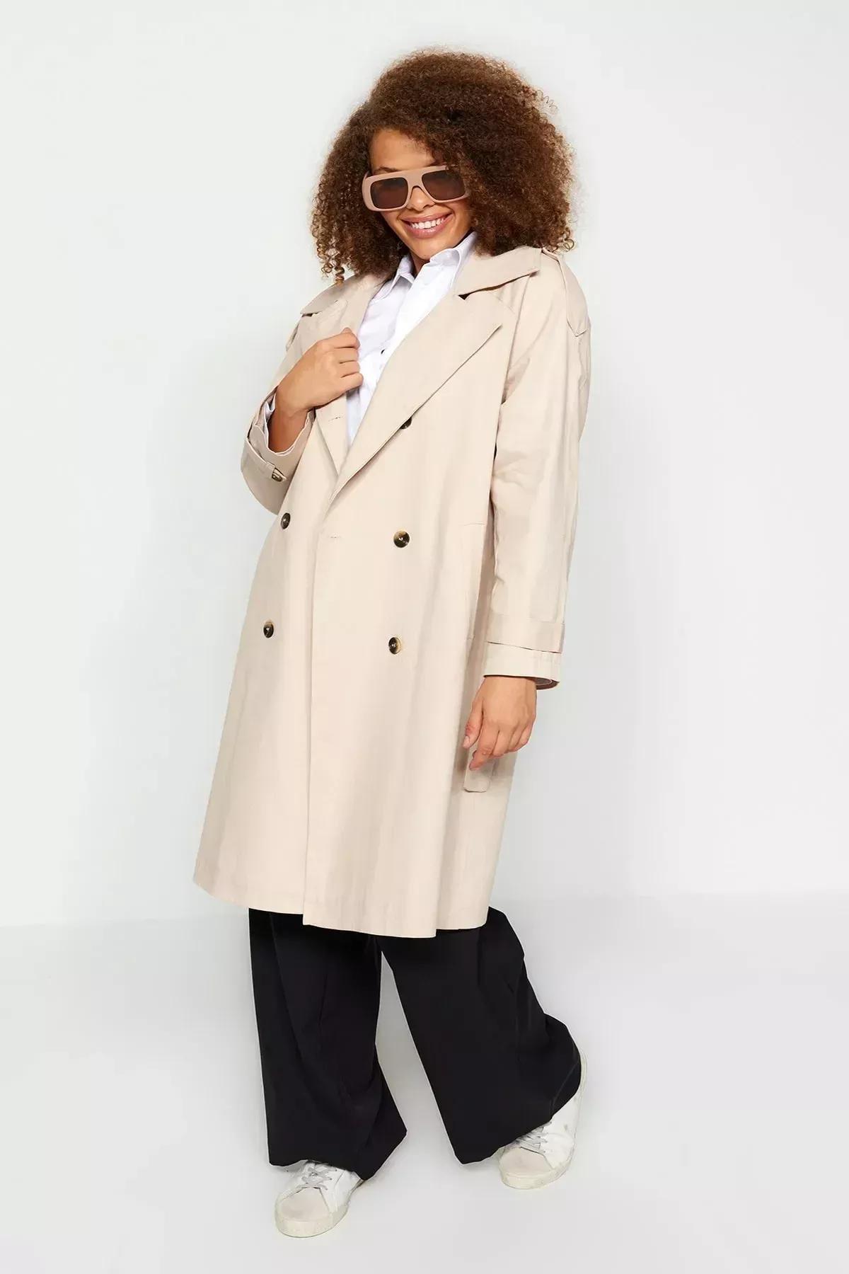 Beige Basic Plus Size Trench Coat, Beige, large image number 2