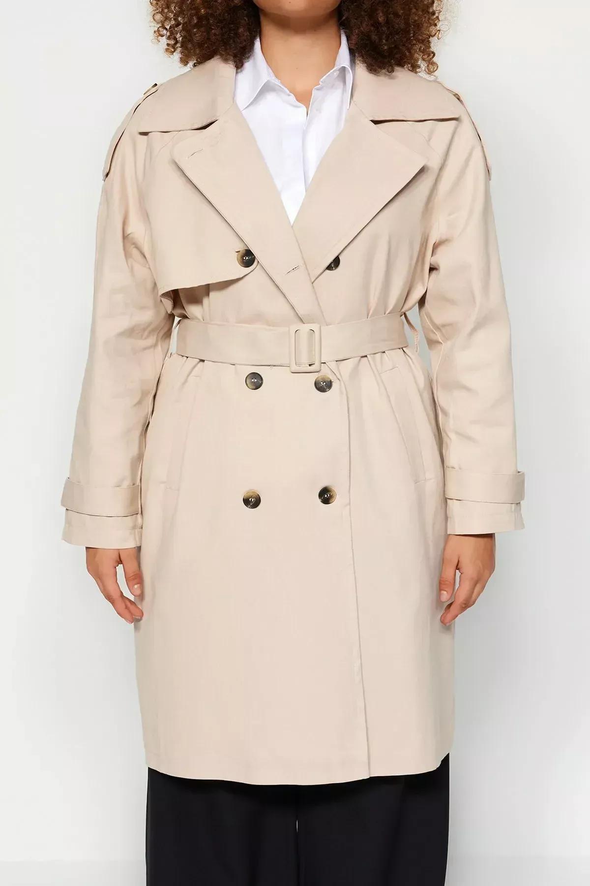 Beige Basic Plus Size Trench Coat, Beige, large image number 3