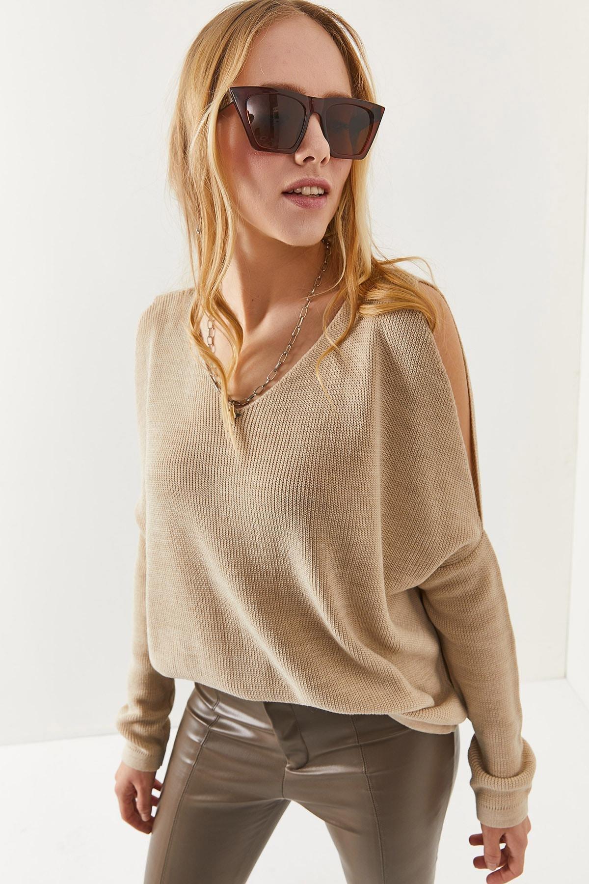 Beige V-Neck Decollete Loose Knitwear Blouse, STONE, large image number 0