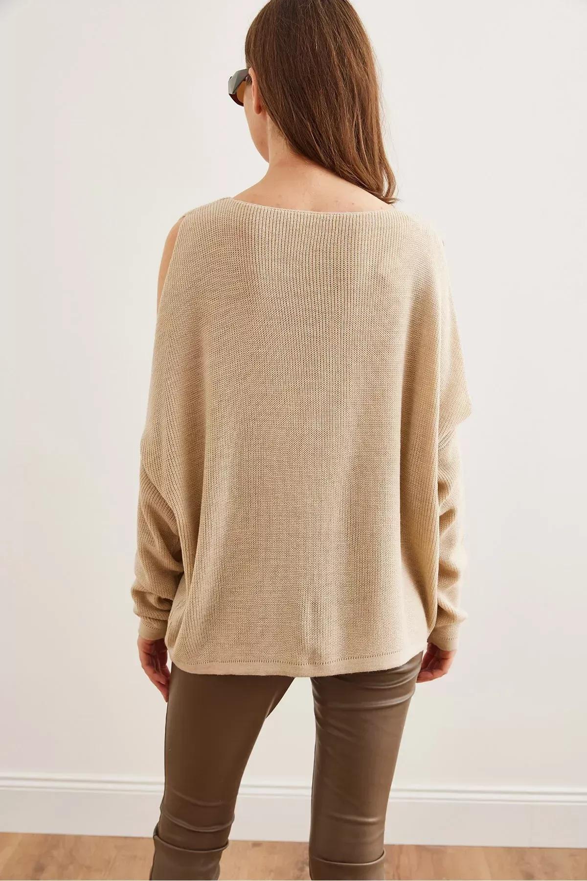 Beige V-Neck Decollete Loose Knitwear Blouse, STONE, large image number 1