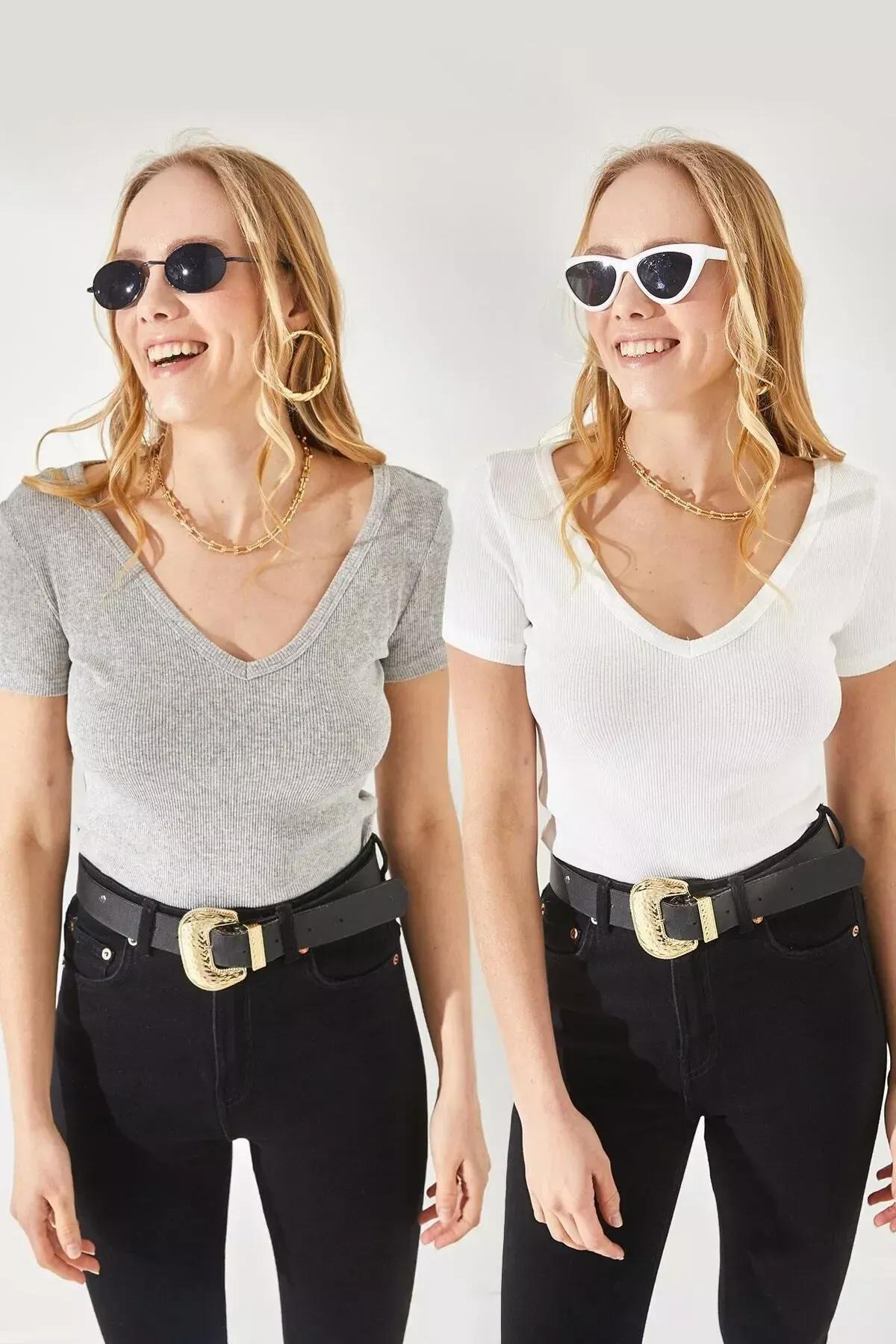 Multicolour V-Neck Short Sleeve Blouse, Set Of 2, Gray-Ecru, large image number 0