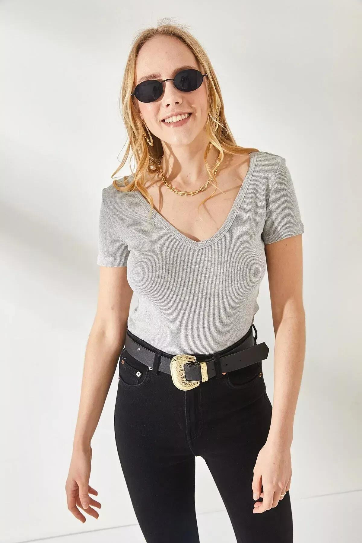 Multicolour V-Neck Short Sleeve Blouse, Set Of 2, Gray-Ecru, large image number 2