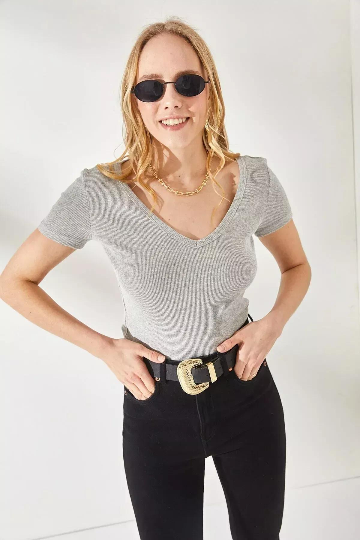 Multicolour V-Neck Short Sleeve Blouse, Set Of 2, Gray-Ecru, large image number 3