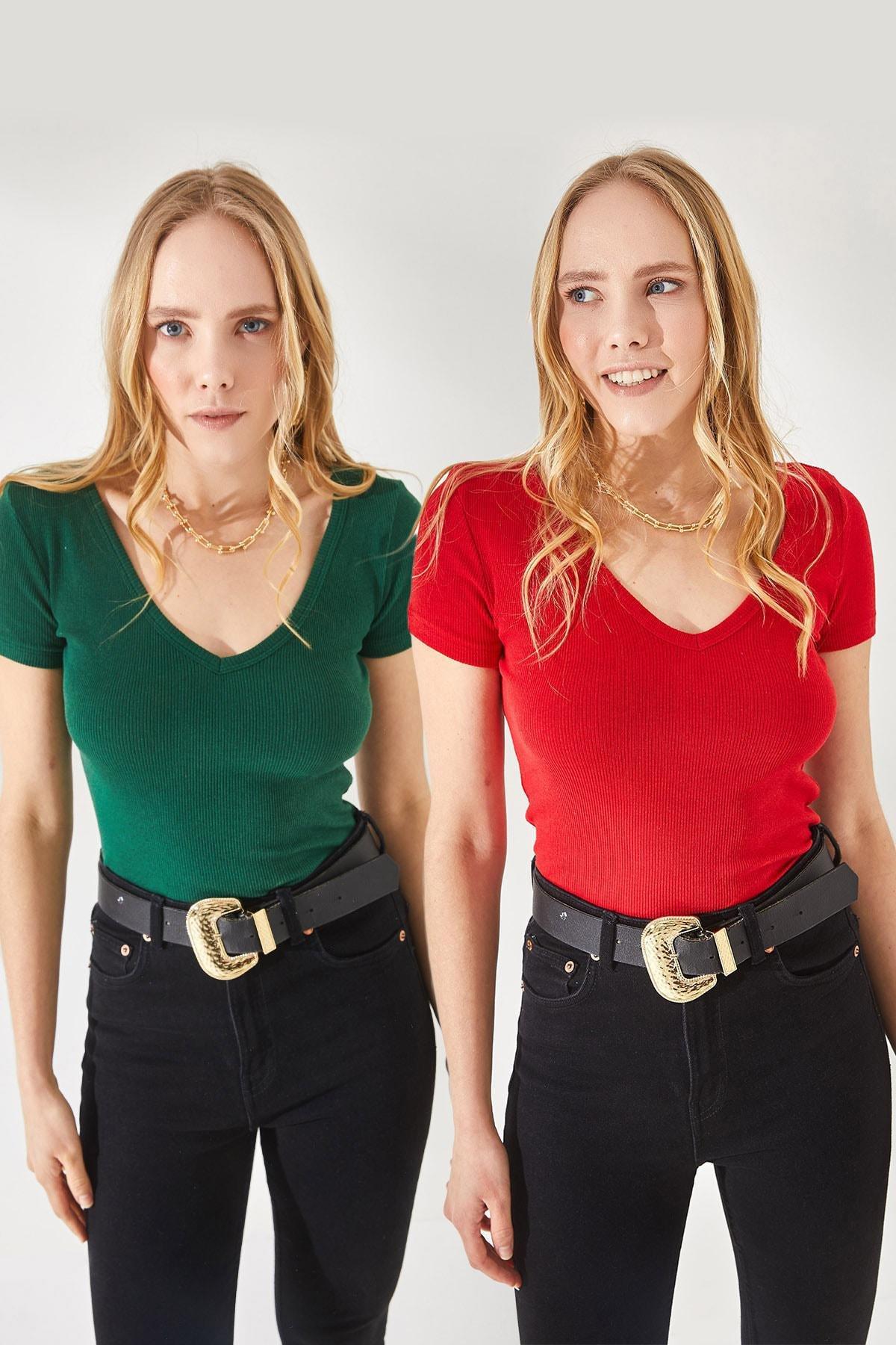 Multicolour V-Neck Short Sleeve Blouse, Set Of 2, Emerald-Red, large image number 1