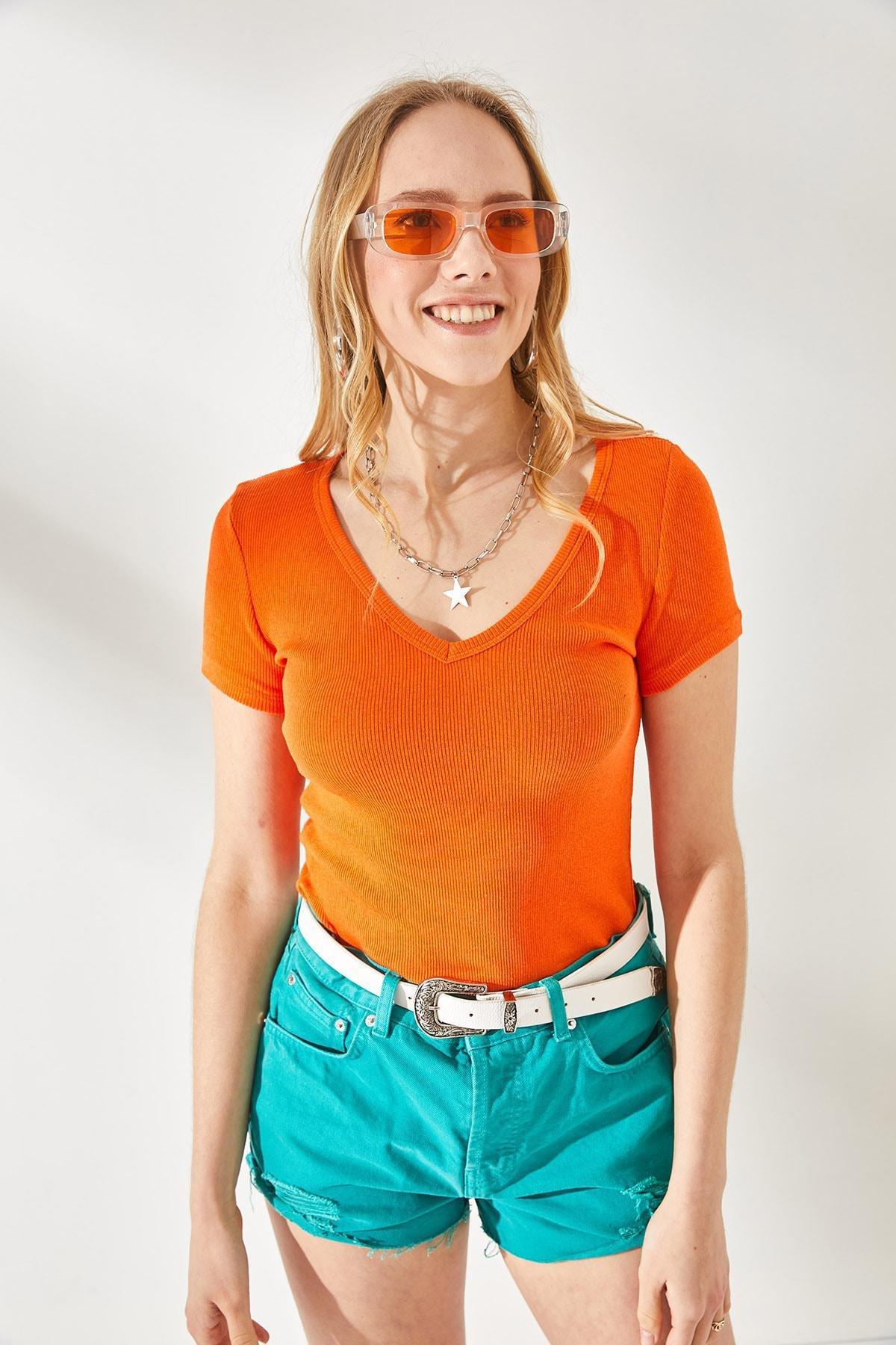 بلوزة بأكمام قصيرة وفتحة رقبة V، قطعتين، وردي وبرتقالي, Fuchsia-Orange, large image number 1