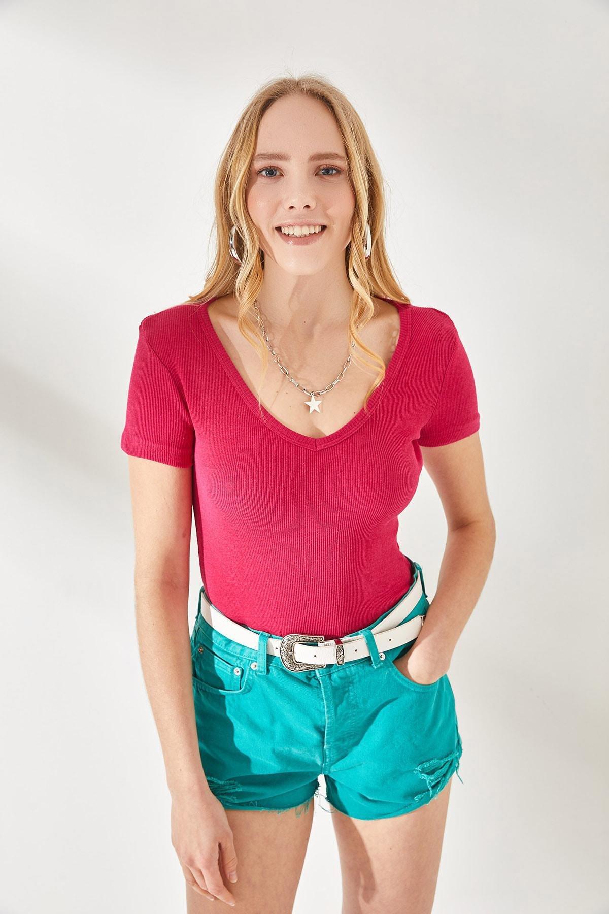بلوزة بأكمام قصيرة وفتحة رقبة V، قطعتين، وردي وبرتقالي, Fuchsia-Orange, large image number 3