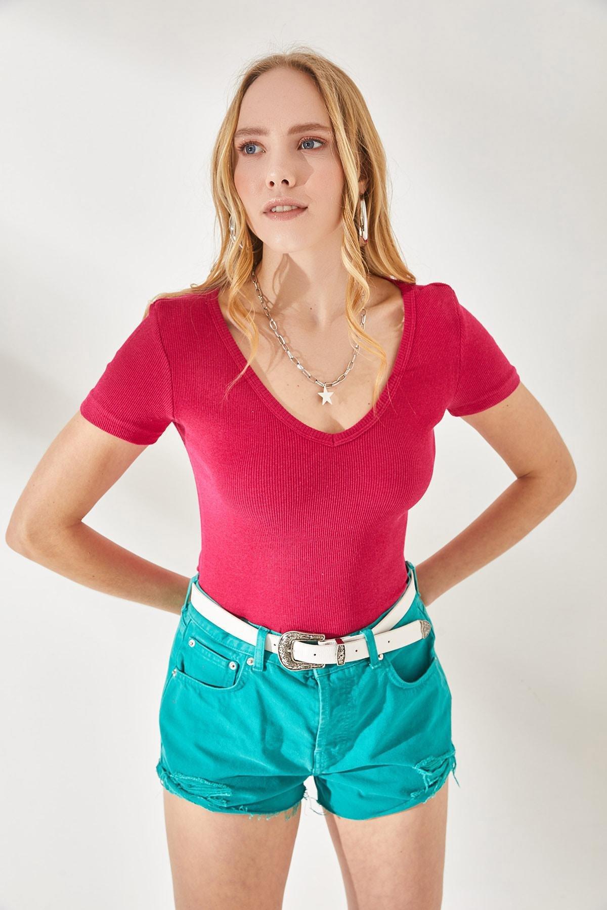 بلوزة بأكمام قصيرة وفتحة رقبة V، قطعتين، وردي وبرتقالي, Fuchsia-Orange, large image number 5