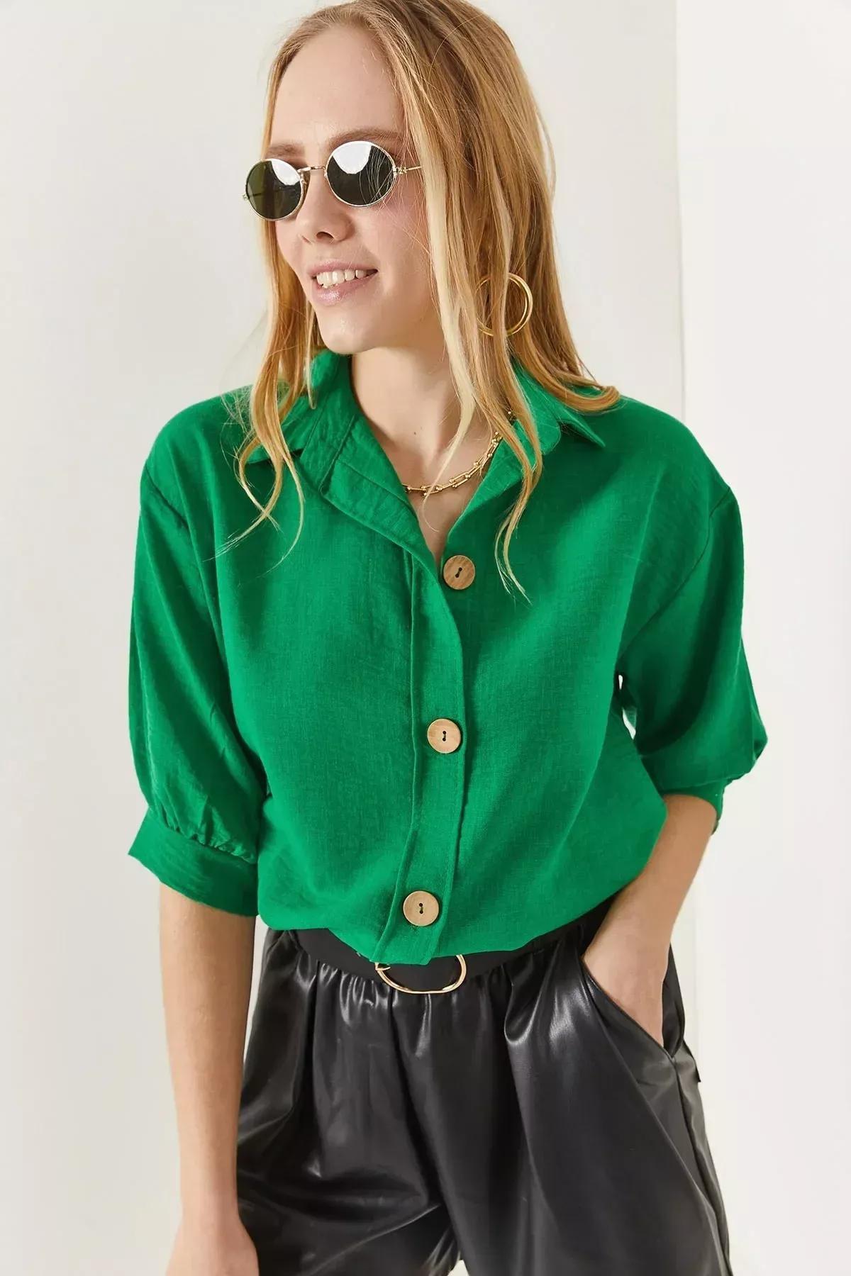 Green Striped Linen Shirt, Grassgreen, large image number 0