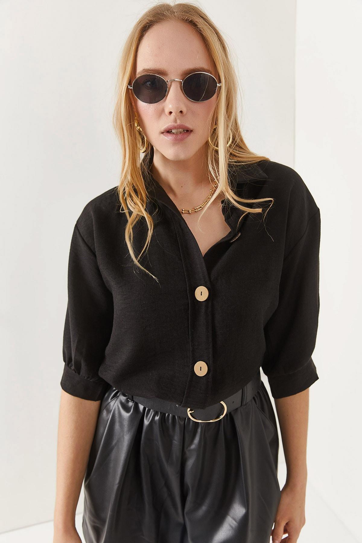 Black Buttoned Linen Shirt, , medium