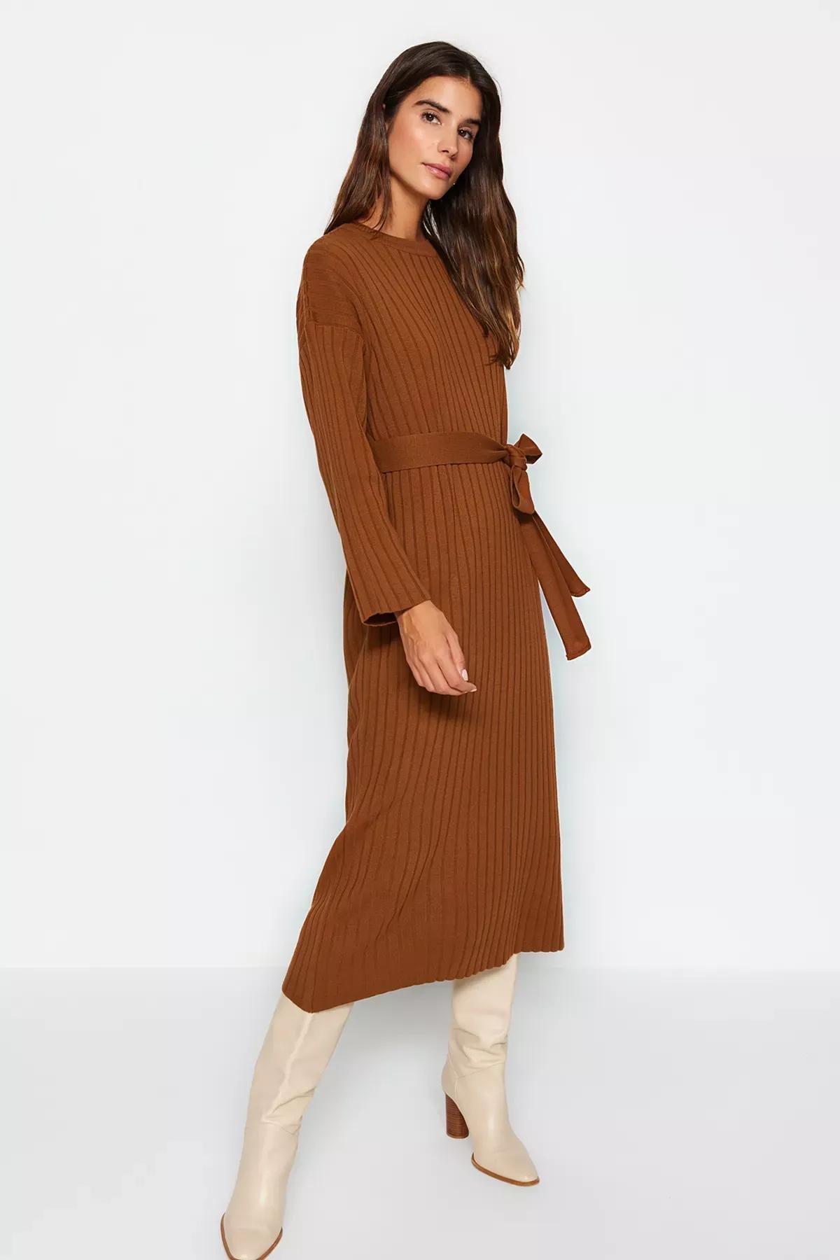 Brown Belted Ribbed Knitted Dress, , medium
