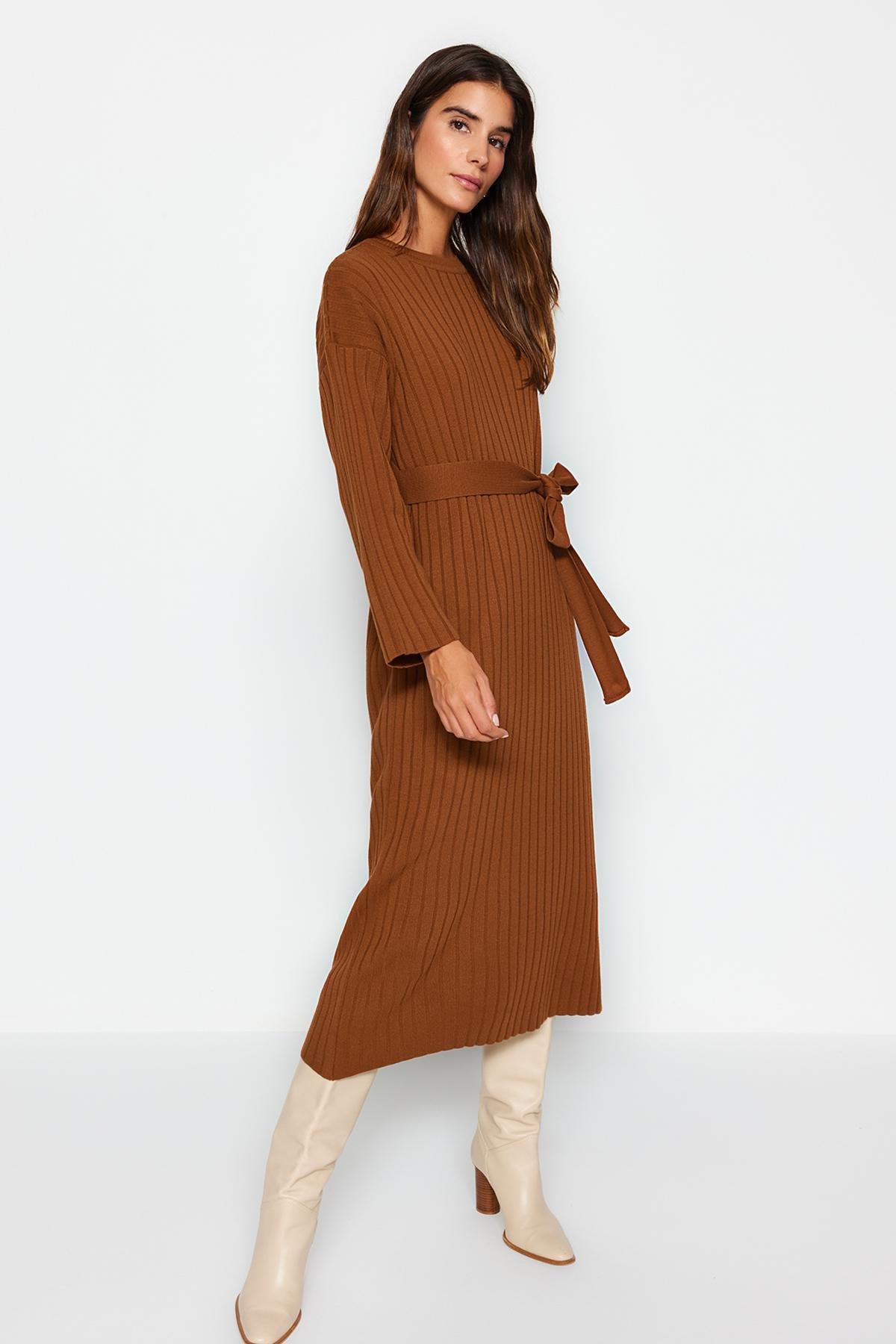 Brown Belted Ribbed Knitted Dress, , large image number 0