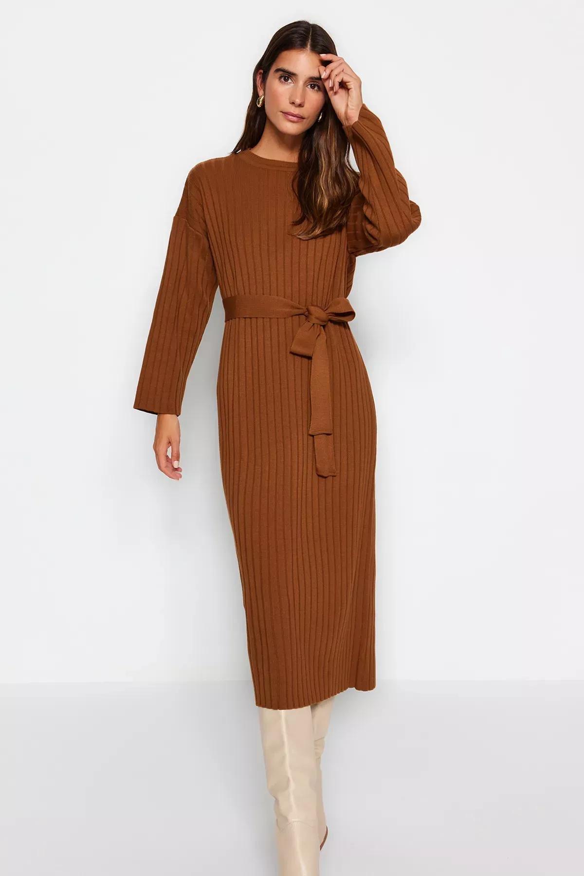 Brown Belted Ribbed Knitted Dress, Dark brown, large image number 1