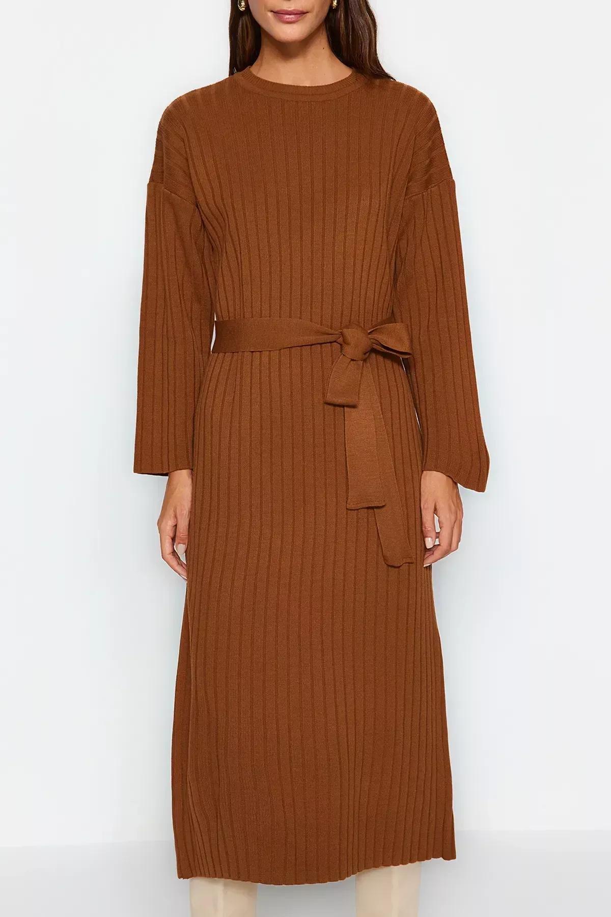 Brown Belted Ribbed Knitted Dress, Dark brown, large image number 3