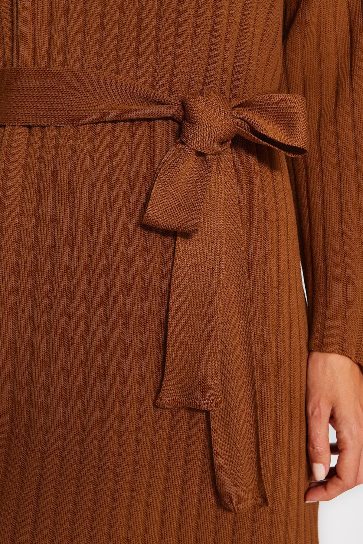 Brown Belted Ribbed Knitted Dress, , large image number 4