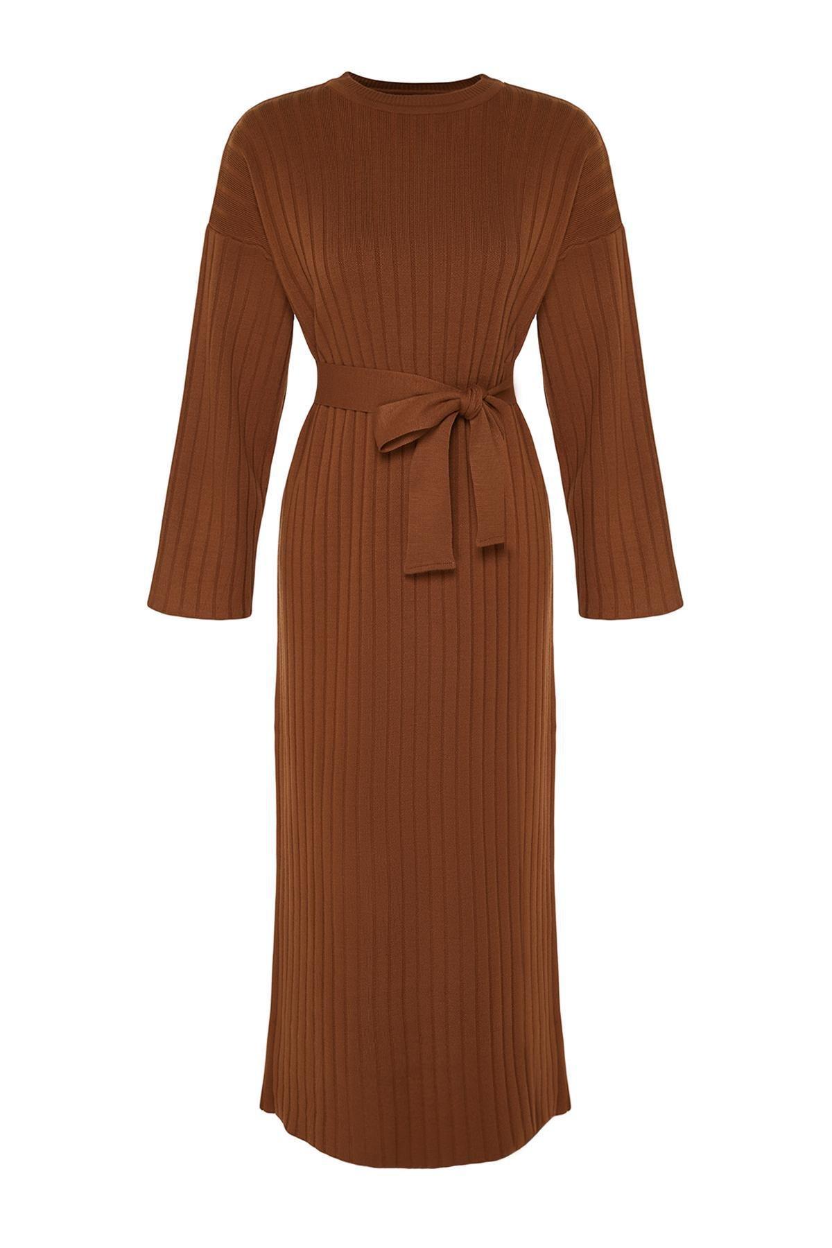 Brown Belted Ribbed Knitted Dress, , large image number 5