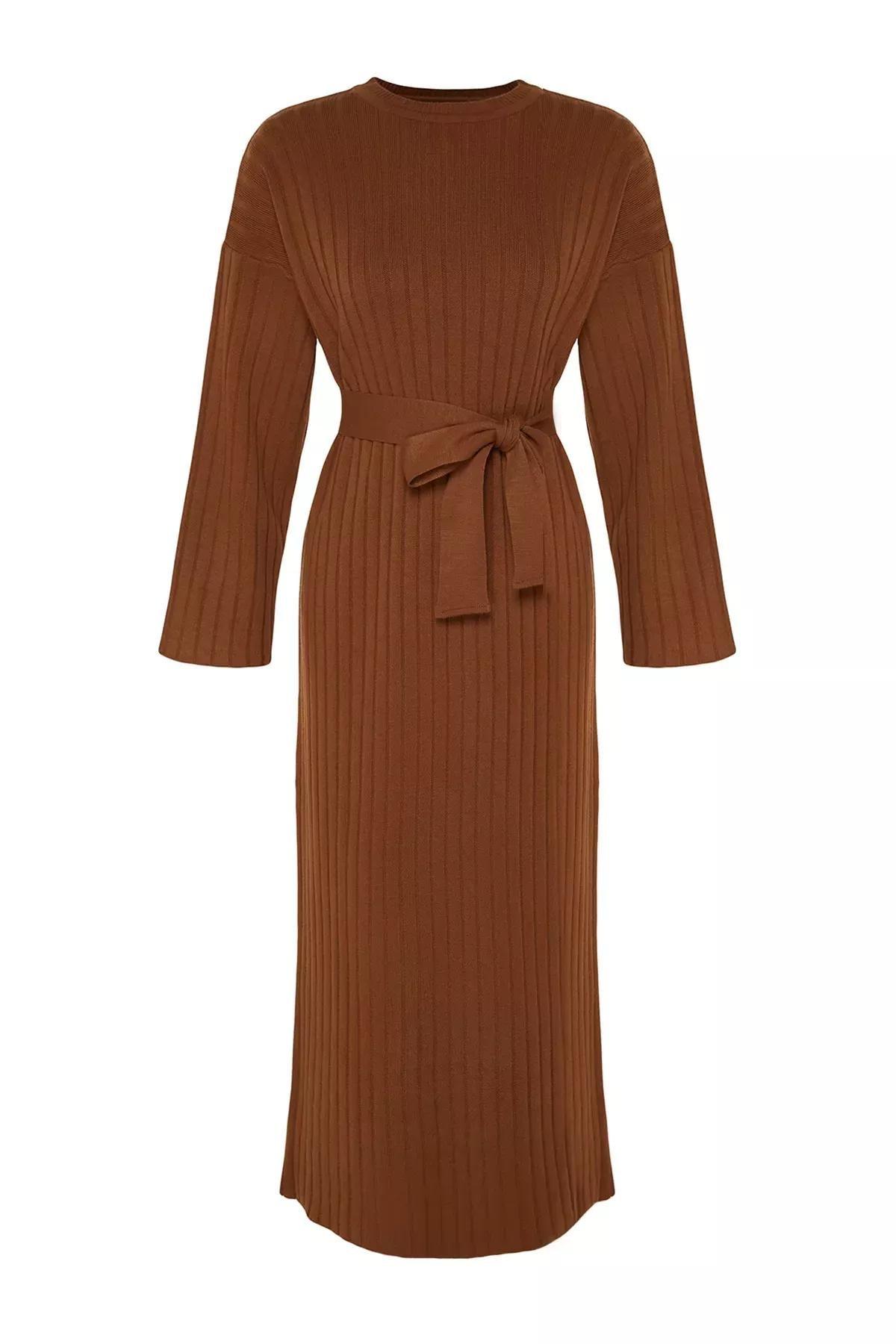 Brown Belted Ribbed Knitted Dress, Dark brown, large image number 5