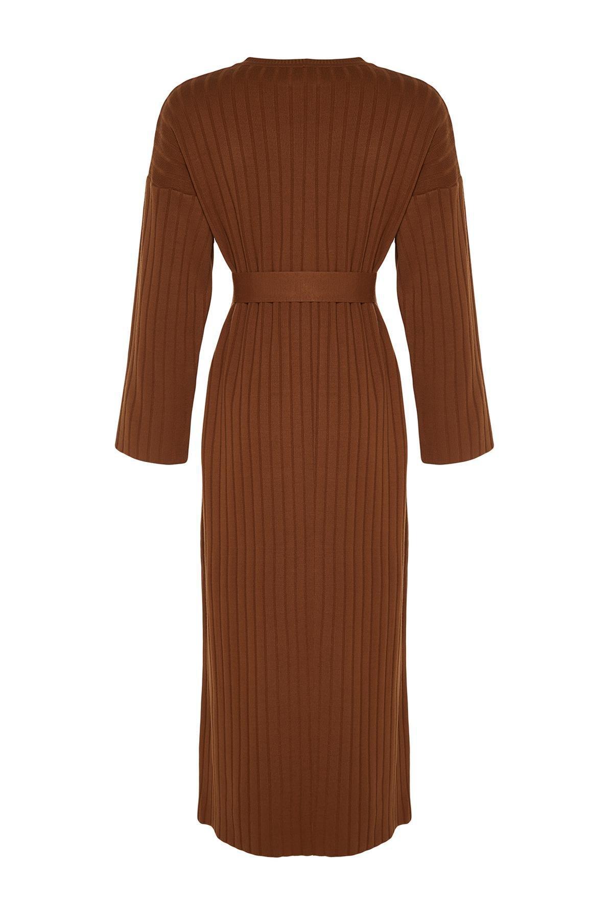 Brown Belted Ribbed Knitted Dress, , large image number 6
