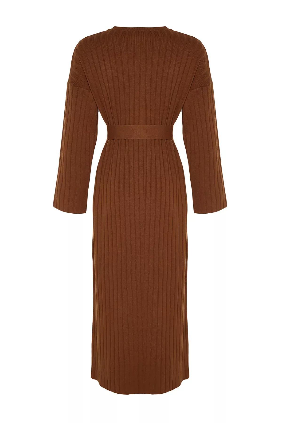 Brown Belted Ribbed Knitted Dress, Dark brown, large image number 6