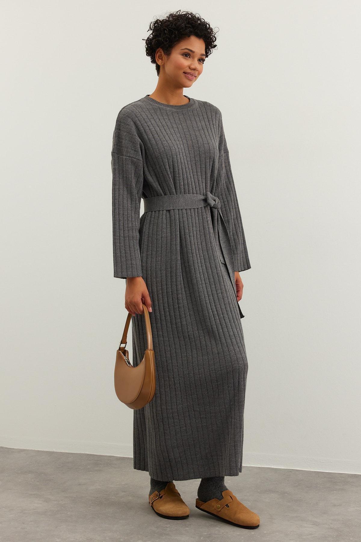 Grey Belted Rib Knitwear Dress, , large image number 0