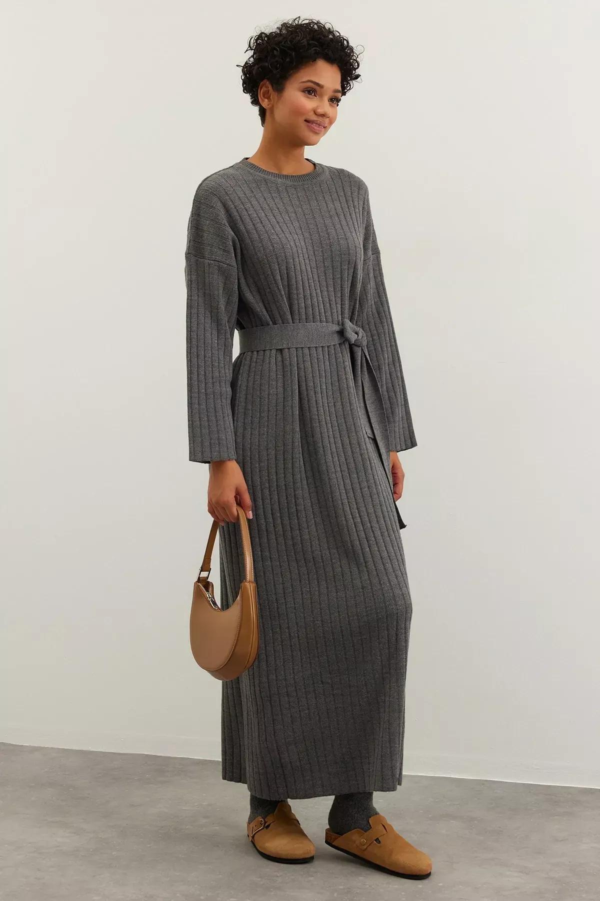 Grey Belted Rib Knitwear Dress, , medium