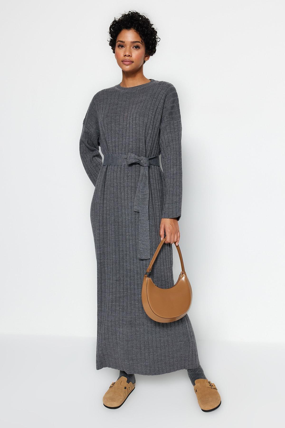 Grey Belted Rib Knitwear Dress, , large image number 1