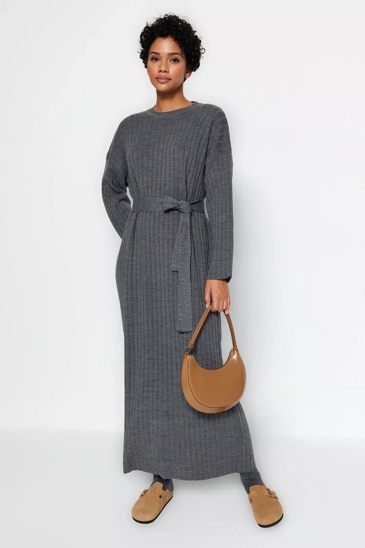 Grey Belted Rib Knitwear Dress, Anthracite, large image number 1