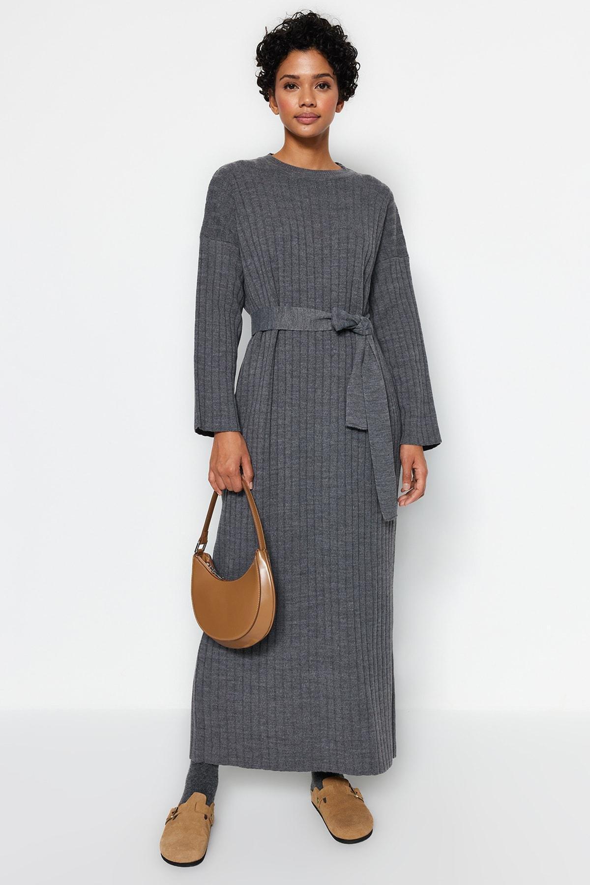 Grey Belted Rib Knitwear Dress, , large image number 2