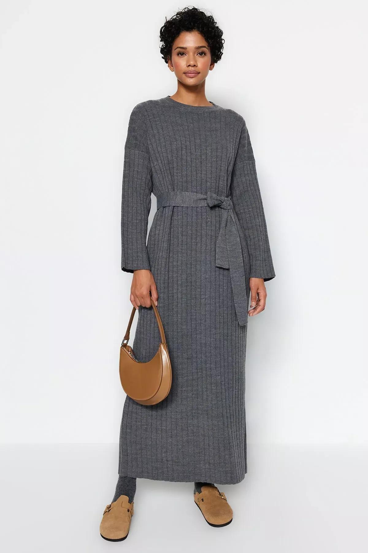 Grey Belted Rib Knitwear Dress, Anthracite, large image number 2