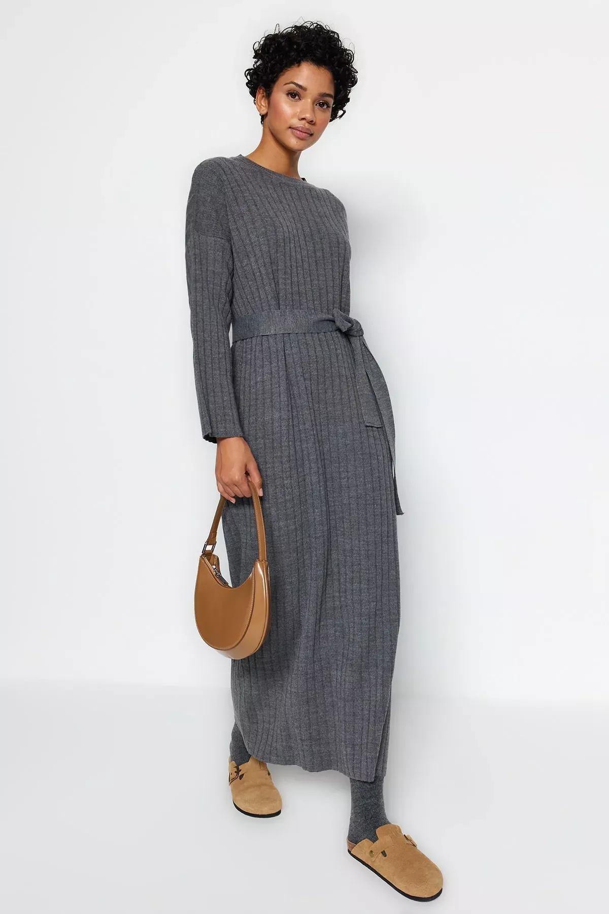 Grey Belted Rib Knitwear Dress, Anthracite, large image number 3