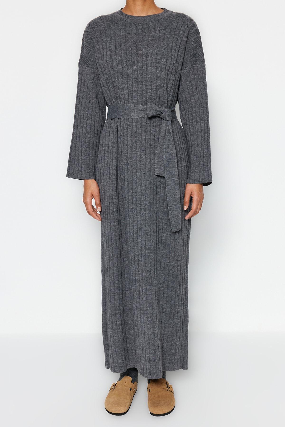 Grey Belted Rib Knitwear Dress, , large image number 4