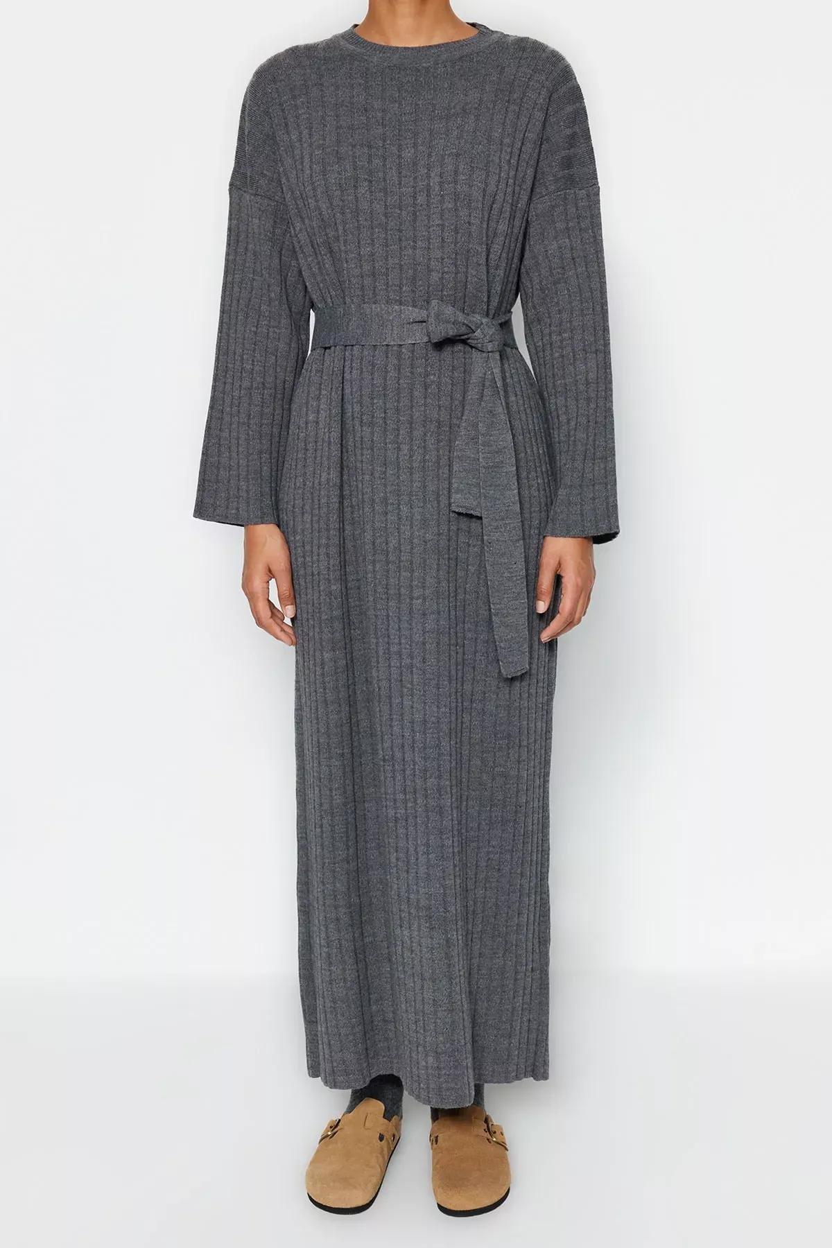 Grey Belted Rib Knitwear Dress, Anthracite, large image number 4