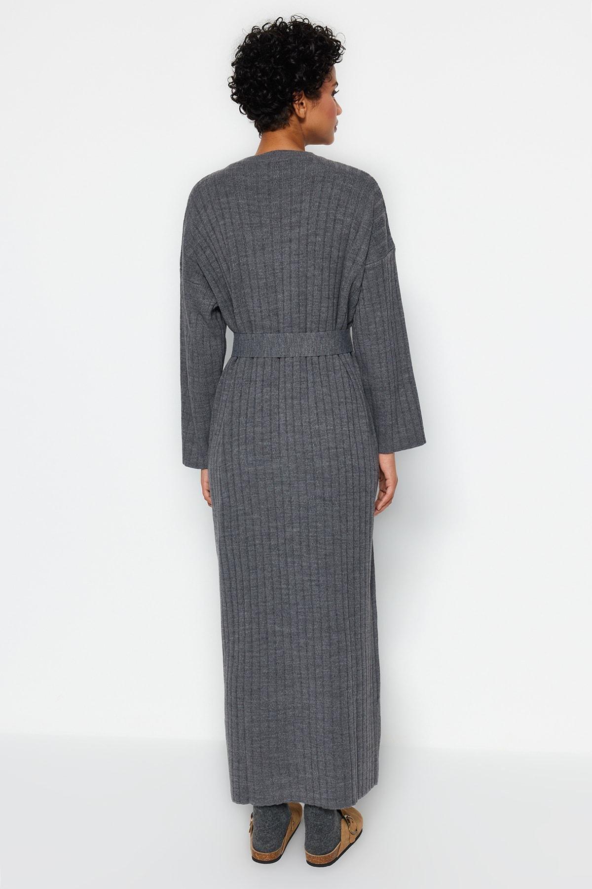 Grey Belted Rib Knitwear Dress, , large image number 5