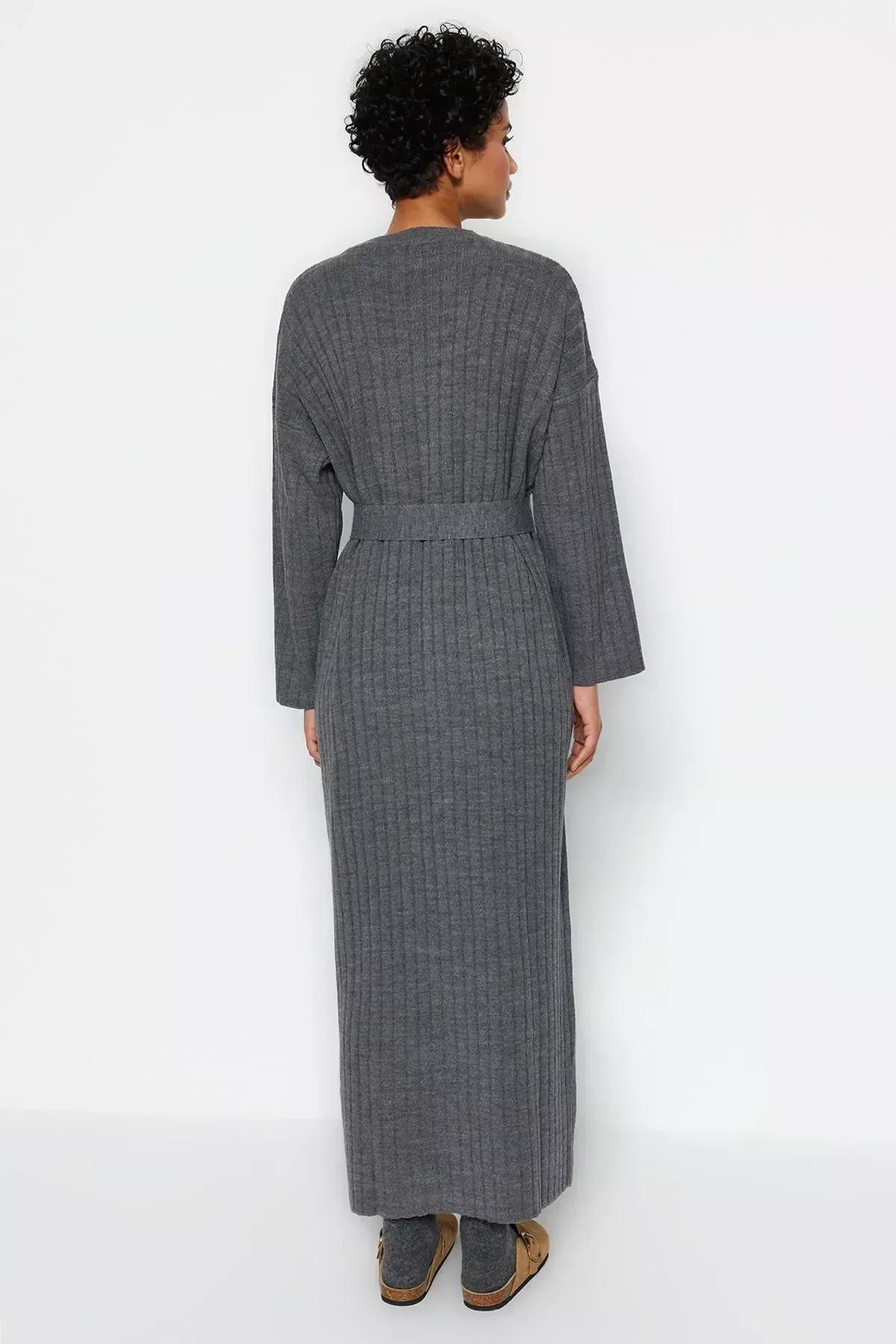 Grey Belted Rib Knitwear Dress, Anthracite, large image number 5