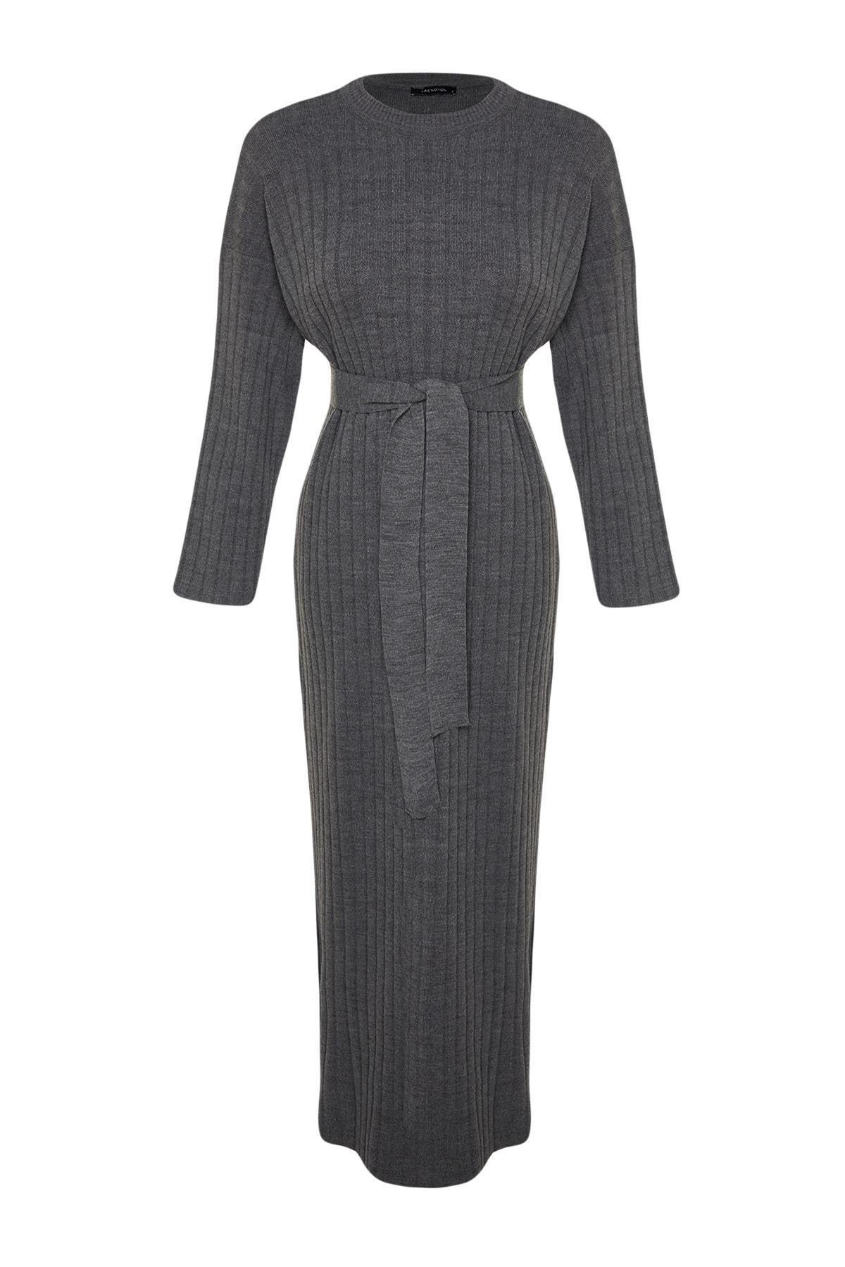 Grey Belted Rib Knitwear Dress, , large image number 6