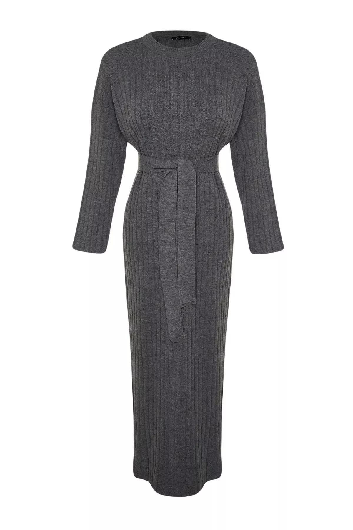 Grey Belted Rib Knitwear Dress, Anthracite, large image number 6