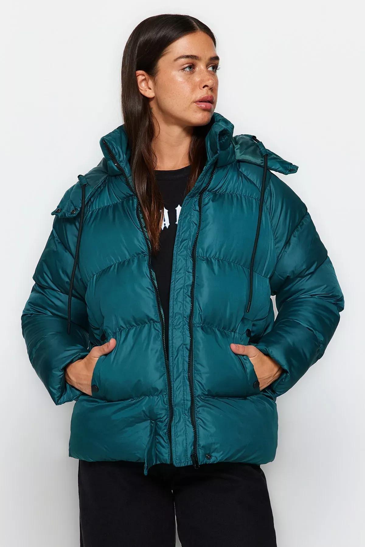 Green Hooded Puffer Jacket, Emerald, large image number 0